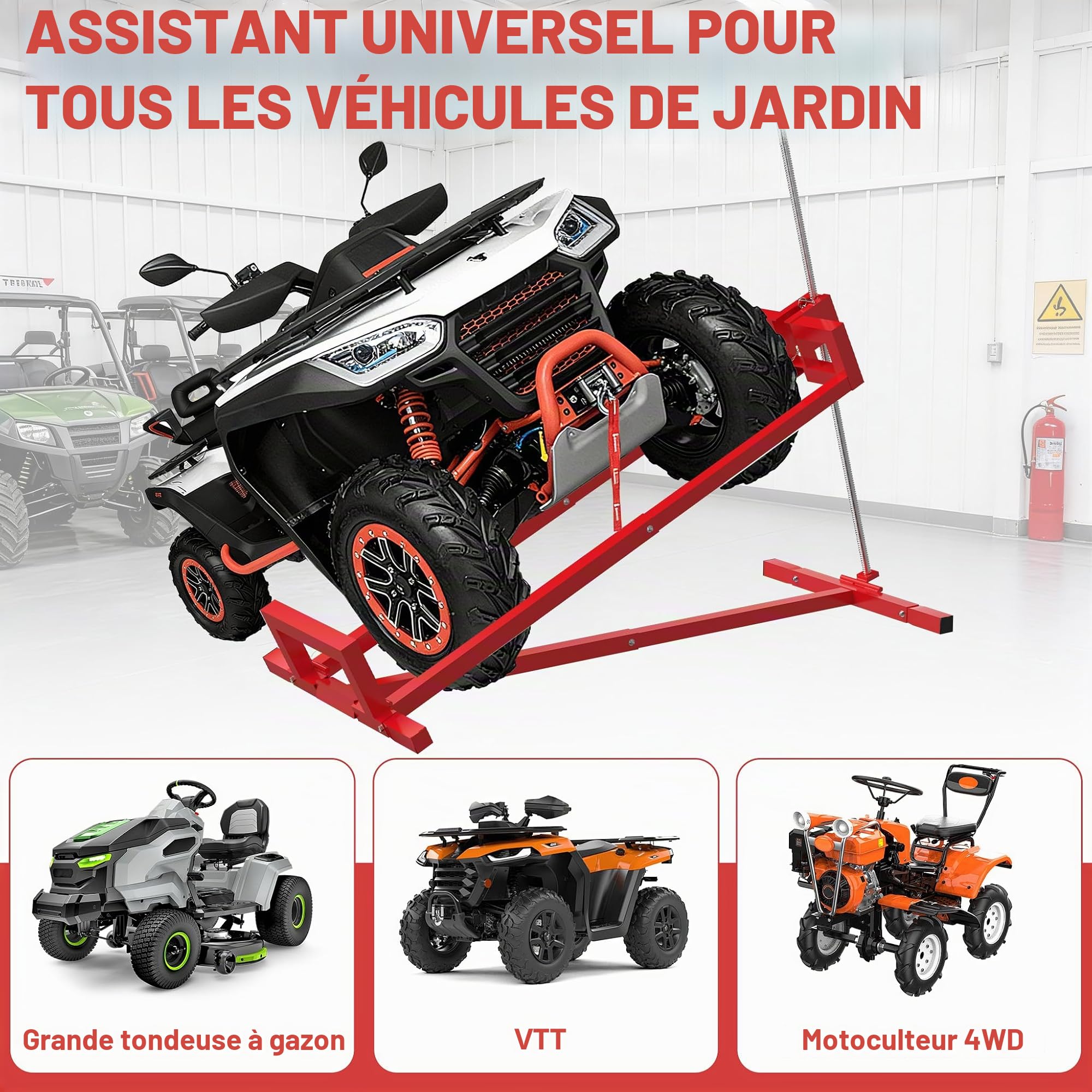 Dispositif de levage, élévateur pour tondeuse, élévateur d'entretien, élévateur télescopique, pour tondeuse, tracteurs de jardin, rouge, charge jusqu'à 400 kg