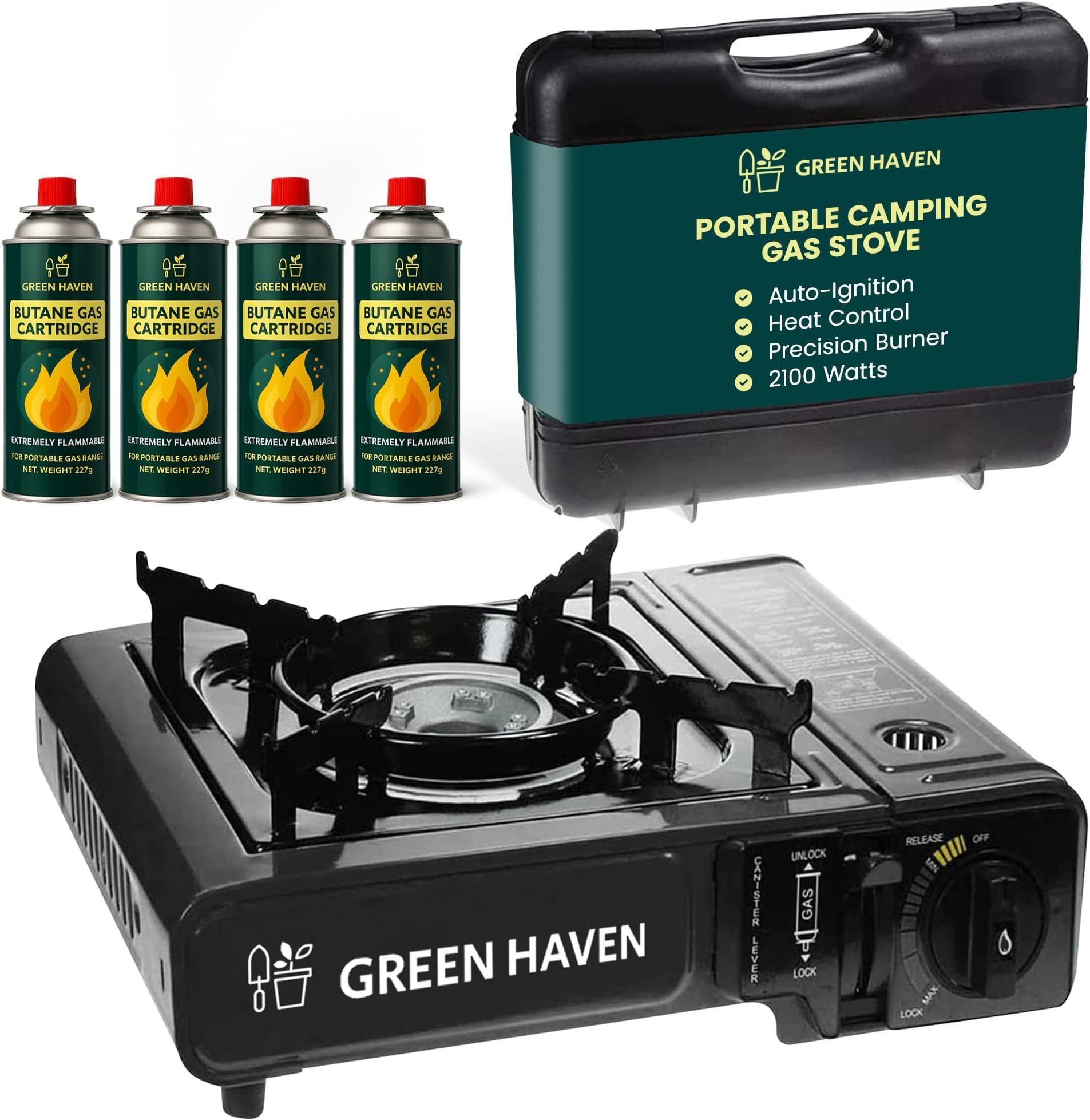 GREEN HAVEN Black Portable Camping Stove with Cary Case & 4 Butane Gas - Premium Camping Gas Stove, EN417 Compliant, Portable with Automatic Ignition & Heat Control