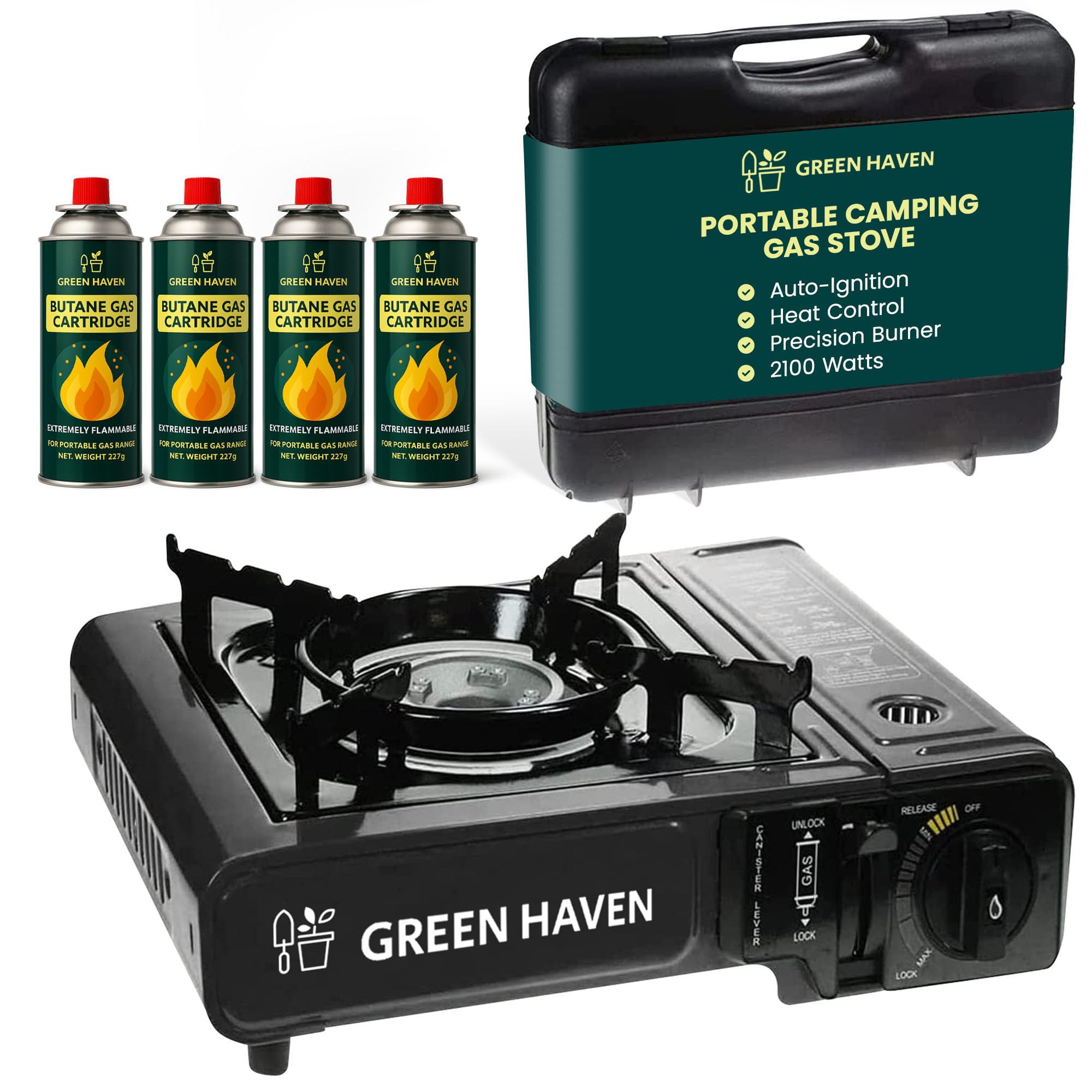 Green Haven Alloy Steel Black Portable Camping Stove with Cary Case & 4 Butane Gas - Premium Camping Gas Stove, EN417 Compliant, Portable with Automatic Ignition & Heat Control