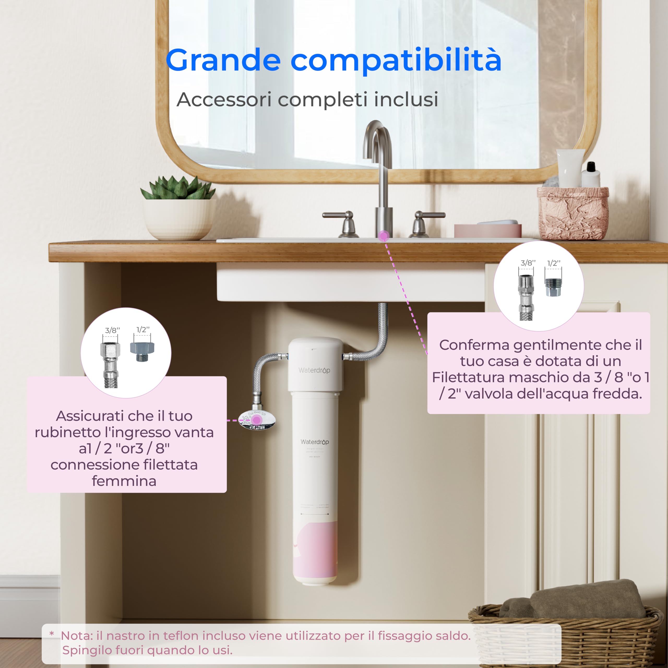 Waterdrop Filtro Acqua Sistema per la Cura del Viso, Acqua Dolce, TDS Inferiore, Arricchito di Stronzio, Riduce il 99,9% di Baçtăria nel Rubinetto del Lavandino del Bagno, WD-BFU1