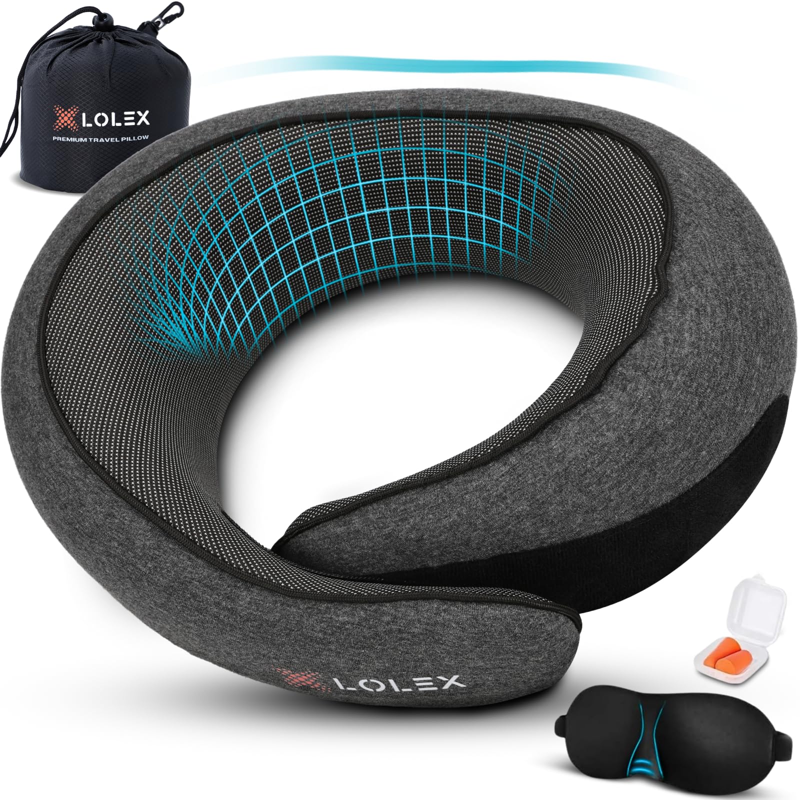 LOLEX™ Almohada de viaje, almohada de cuello de viaje, almohada de cuello de viaje para avión con máscara de ojos, almohada de espuma viscoelástica de algodón puro, almohada de avión para viajes