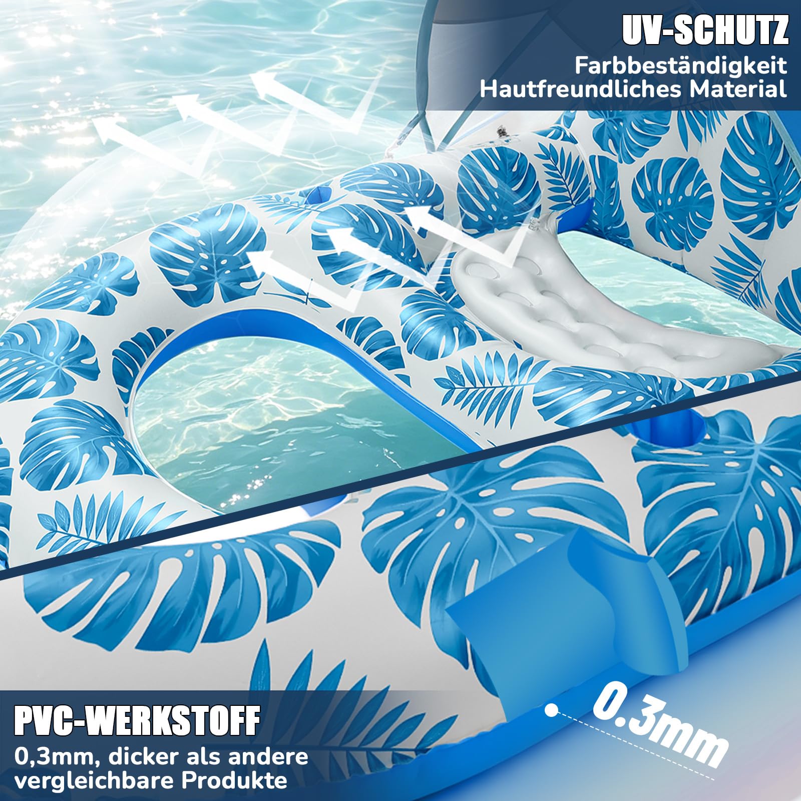 Luftmatratze Pool, Aufblasbares Sonnenpool Wasser Aufblasbarer Sessel Schwimmbad-Flöße Erwachsene mit Verstellbarem Sonnendach, Getränkehaltern und Fußstütze für SommerPool Strand