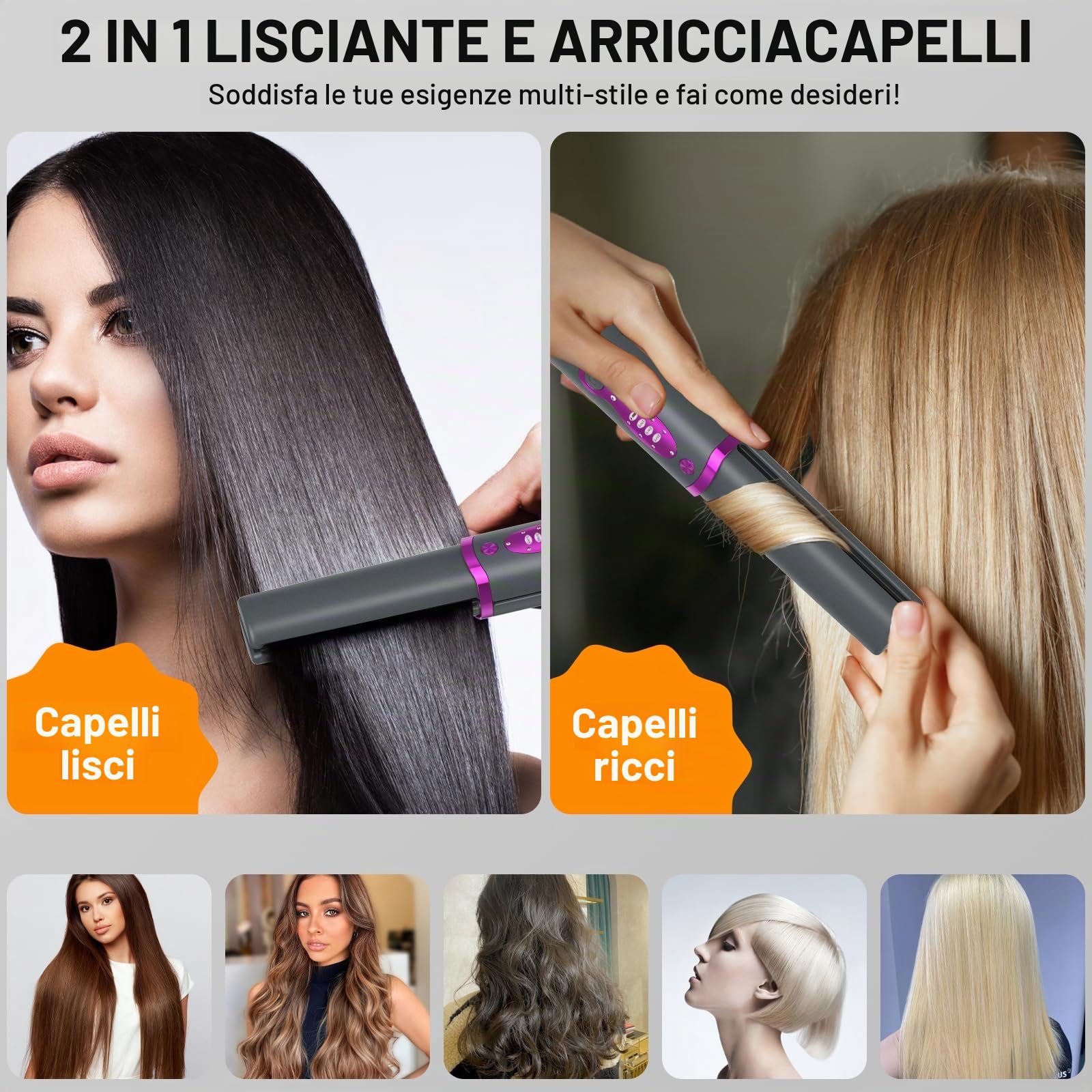 Piastra per Capelli Senza Fili, Piastra e Ferro Arricciacapelli 2 in 1, Ricaricabile USB Portatile 5000mAh, Piastra da Viaggio Temperatura Regolabile 3 Livelli, Riscaldamento Rapido