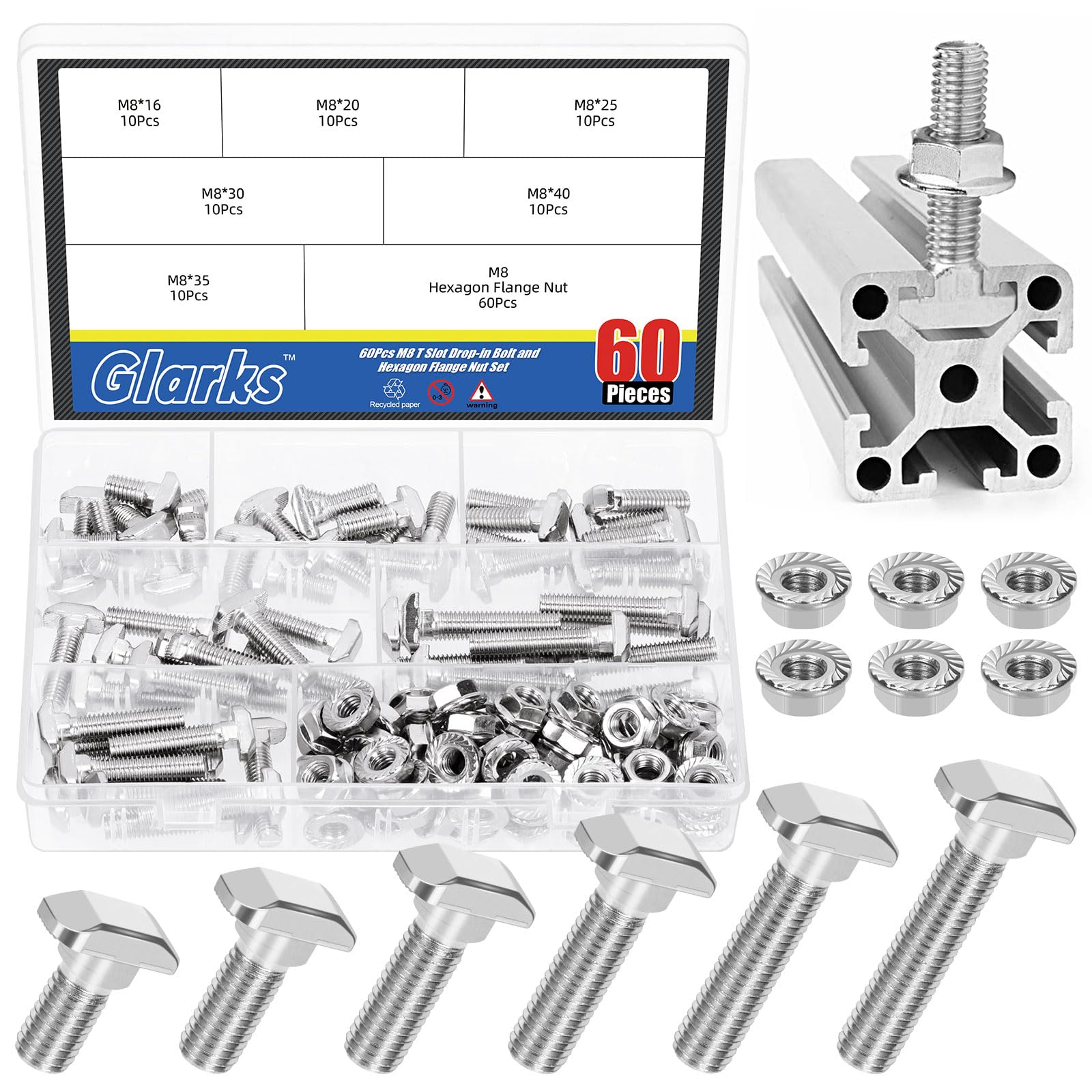 Glarks 120pcs M8 T Slot Drop-in Bolt with Hexagon Flange Nut Set, 16/20/25/30/35/40MM Hammer Head T-Bolt, T Shape Stud Sliding Screw Assortment Kit-image-5
