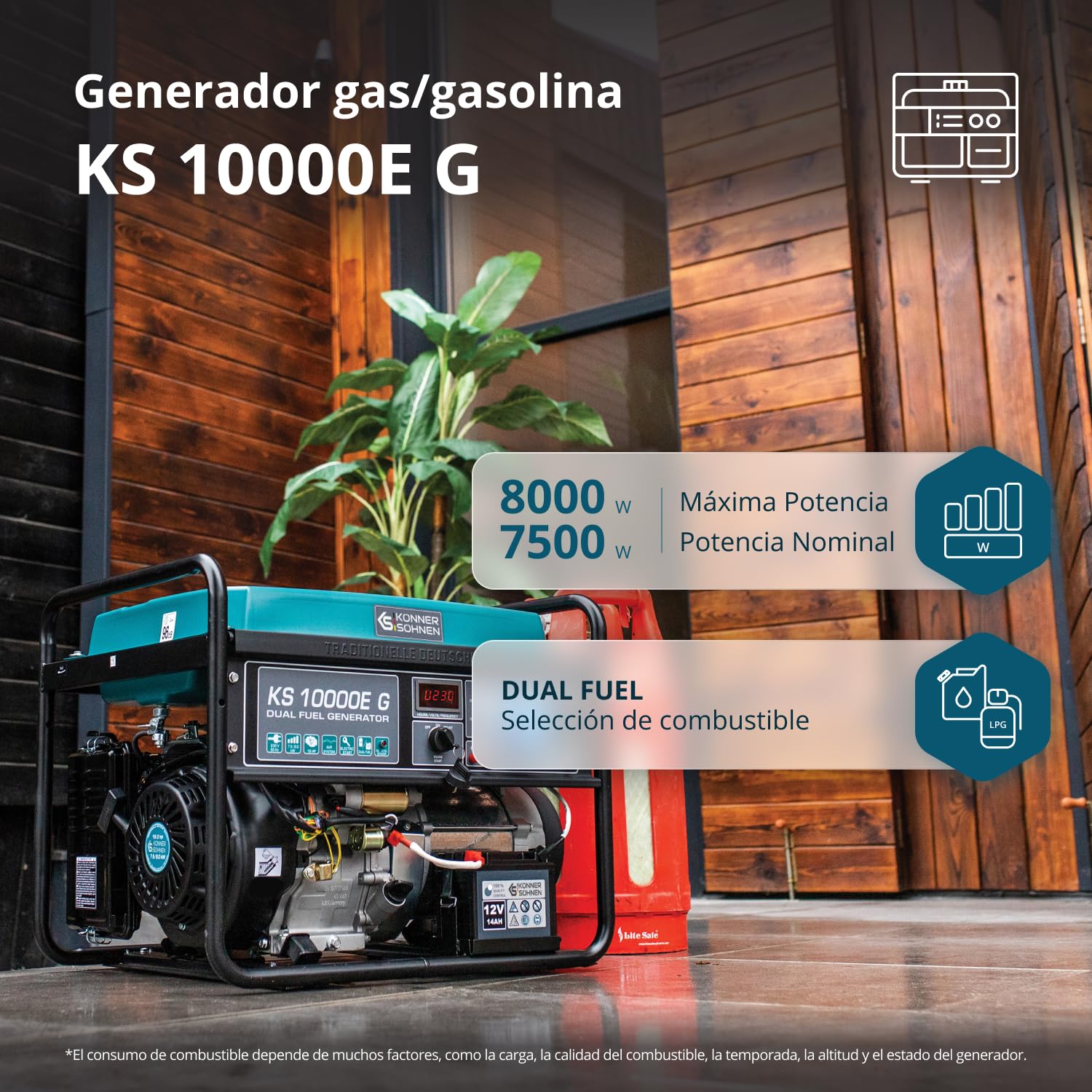 Könner & Söhner KS 10000E G - Generador de gasolina LPG híbrido de 4 tiempos, 7500 W, 1 generador de 16 A, 1 generador de 32 A, con regulador de voltaje automático de 230 V,