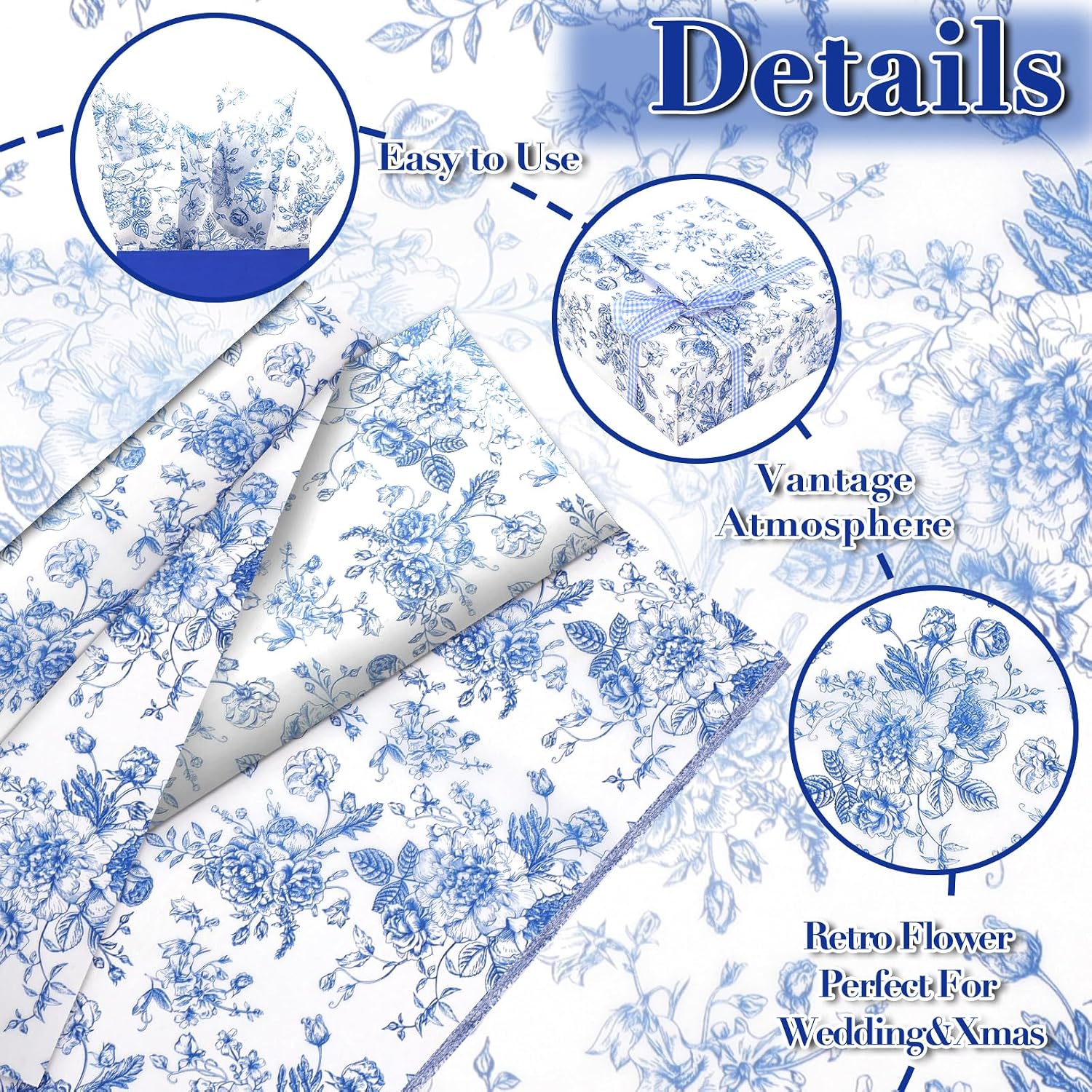 60 Sheets Blue White Floral Tissue Paper, 20x14 Inch Chinoiserie Peony Printed Gift Wrapping Tissue for Vantage Wedding Birthday Bridal Shower Party Decor (Blue)