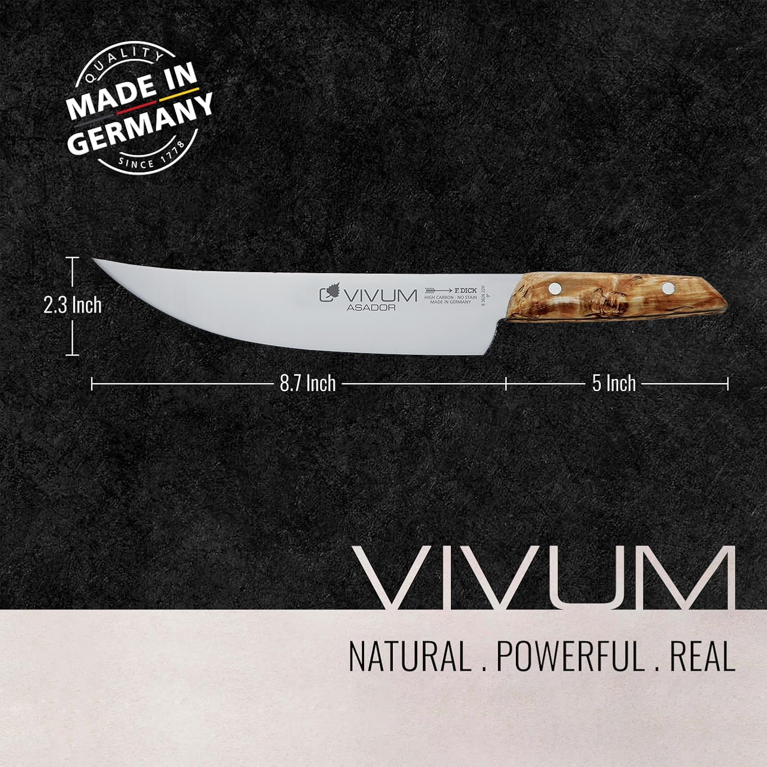 F. DICK – VIVUM BBQ Knife ASADOR – Paring Knife for Barbecue with 8.6" blade & 58 HRC - Ideal for cutting large meat & fish pieces - Stainless steel - Ultra sharp - Birchwood handle – Made in Germany