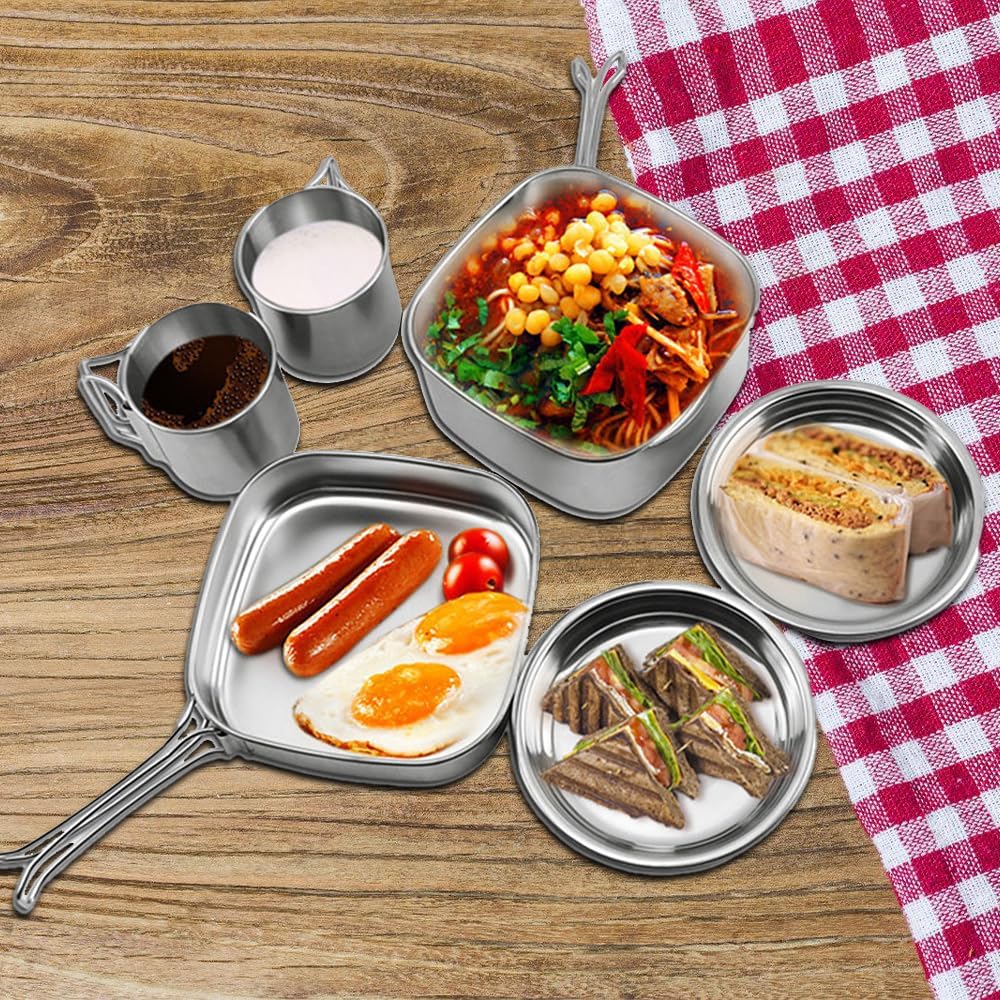 Camping Cooking Mess Kit, 6Pcs Picnic Camping Dishes Set, Cup + Plate + Soup Pot + Frying Pan, with Storage Bag for Hiking Backpacking Picnic Camping