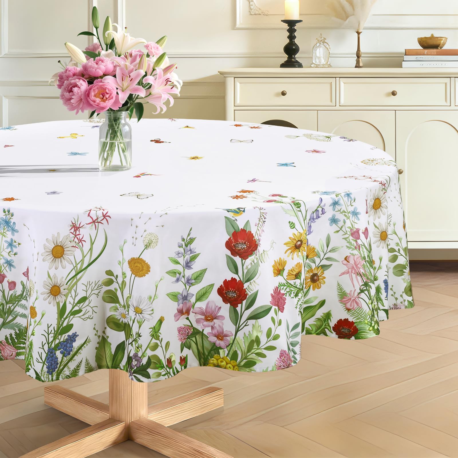 hometrixx Spring Round Table Cloth Wildflower Leaves Butterfly Washable Polyester Oil-proof Tablecloth Stain Wrinkle Resistant Table Cover for Party Kitchen Decor Outdoor Picnic, 180 cm Round