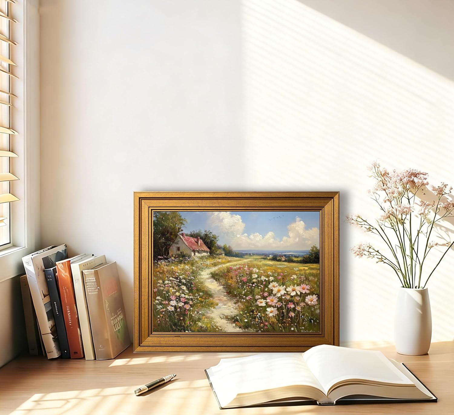 Gold Framed Vintage Wildflower Field Canvas Wall Art, Country Nature Landscape Flower Painting Picture Wall Decor for Living Room Bedroom Bathroom Home Decoration