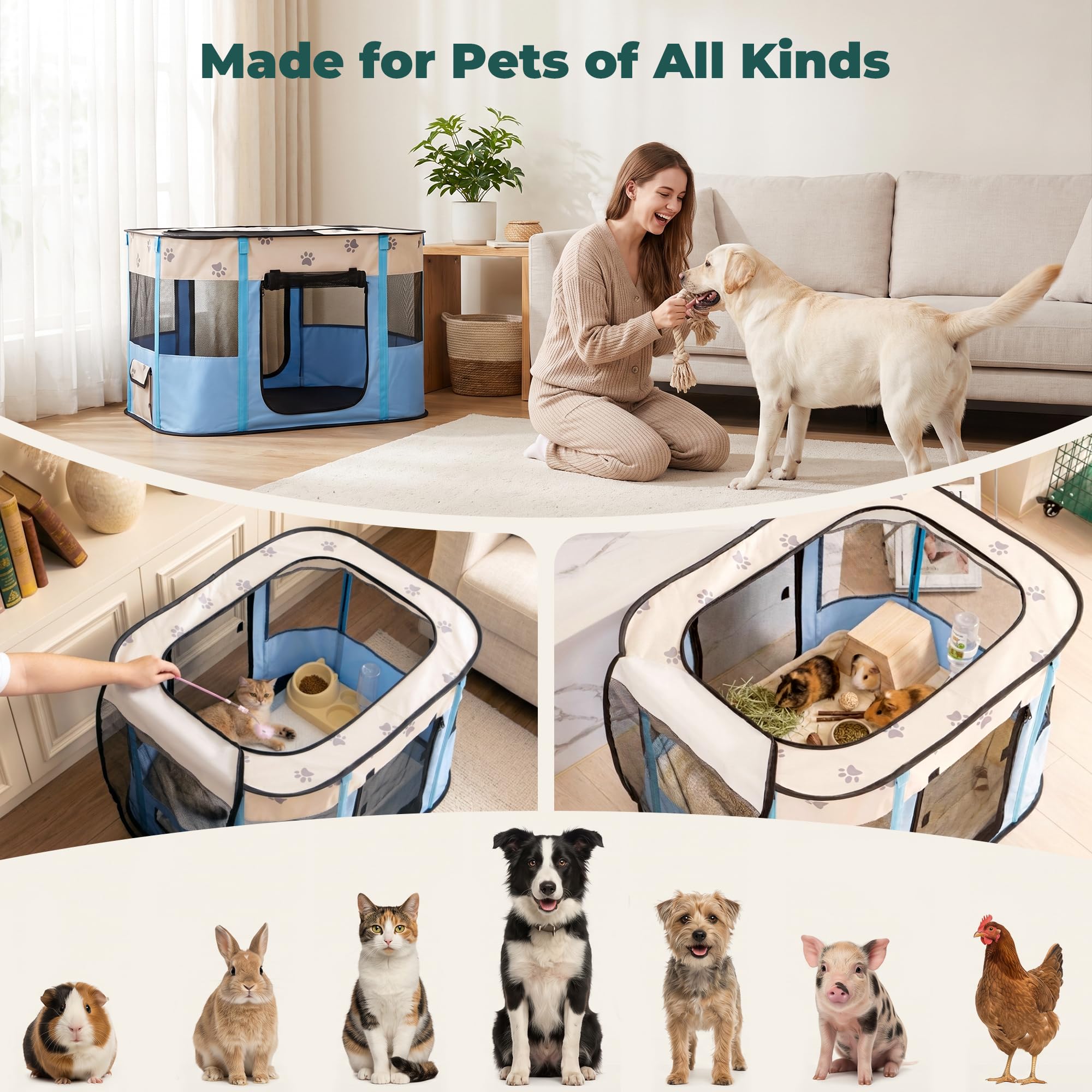 Avont Parc Portatif pour Chien Chat et Chiot Lapin Cage Enclos Pliable à Animal de Compagnie en Tissu Oxford Souple à la Maison et à Plein Air -Bleu(L)