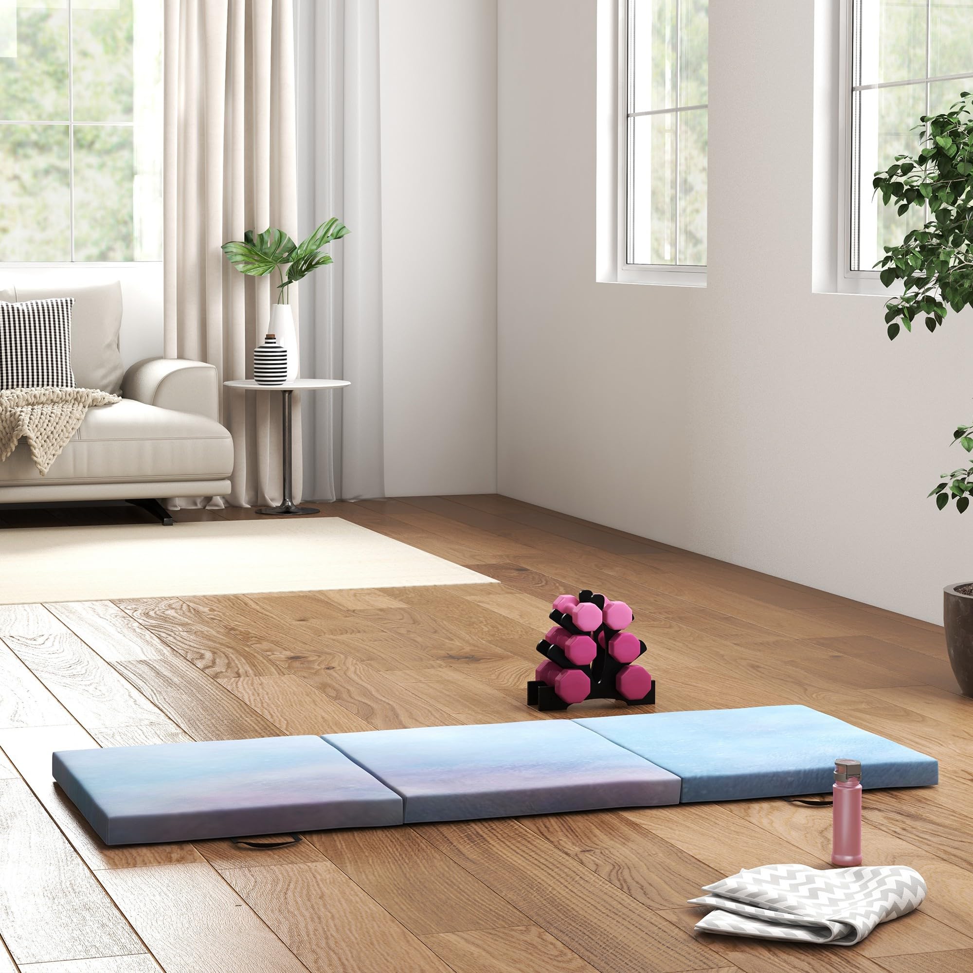 HOMCOM Tappetino da Ginnastica Pieghevole, Materassino Fitness Spesso 5 cm, Tappeto da Palestra Salvaspazio con Maniglia per Yoga e Pilates, 180x60 cm, Azzurro