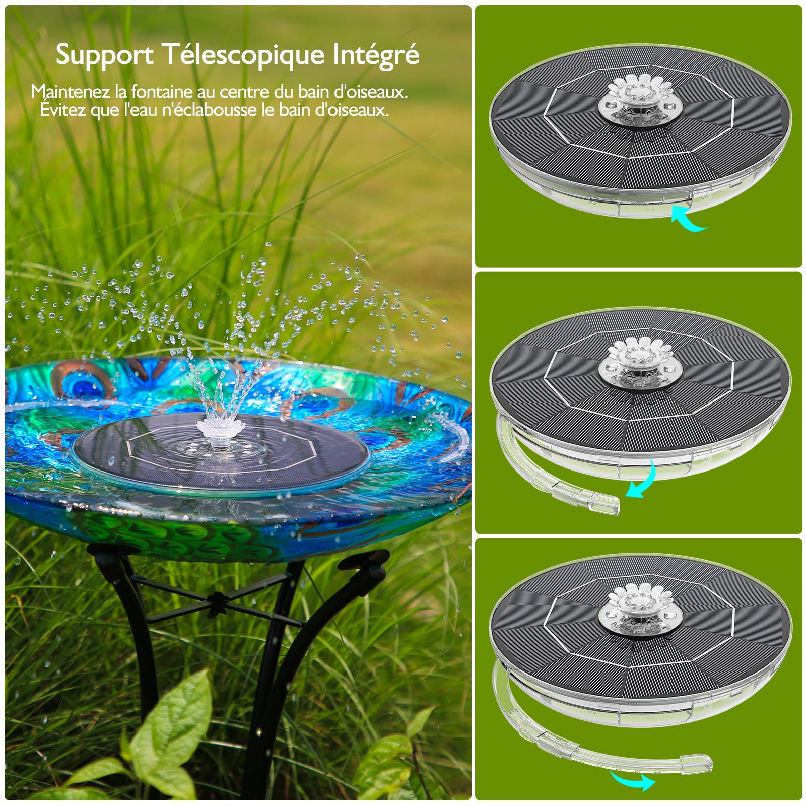 AISITIN Fontaine solaire LED 6,5 W avec barre de support réglable - Pompe de bassin solaire colorée - Batterie intégrée avec LED double face - Fontaine solaire ronde pour bain d'oiseaux, bassin de