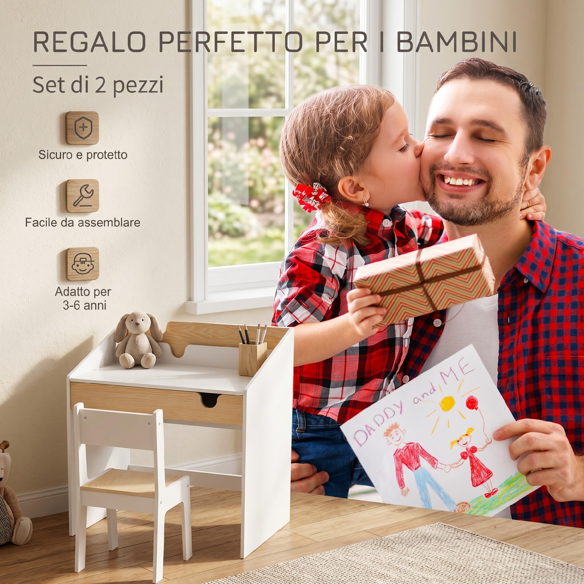 HOMCOM Set Scrivania e Sedia per Bambini, Tavolo con Cassetto e Scaffale, Mobili per Cameretta con Angoli Arrotondati, per Età 6-10 Anni, Bianco e Legno