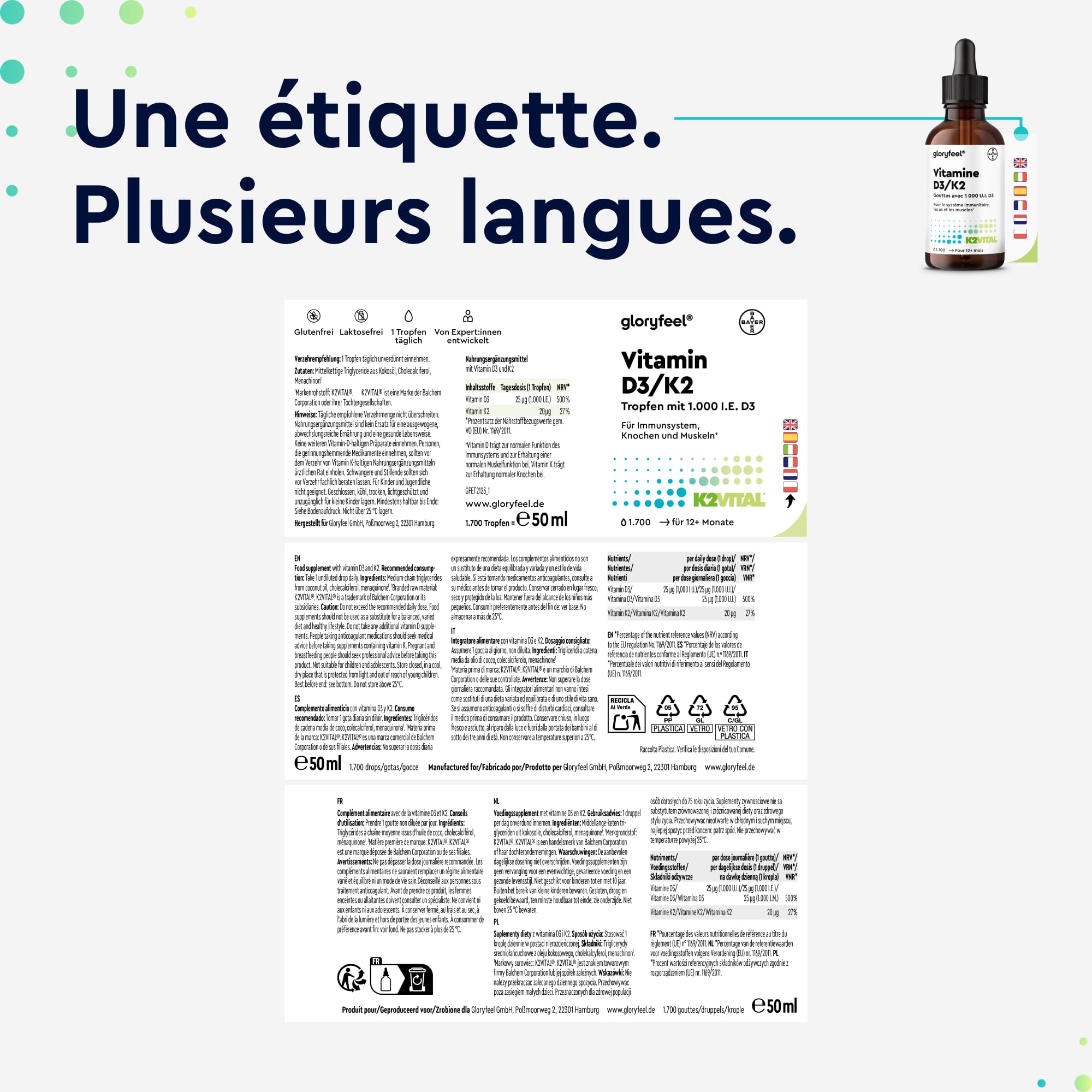 Vitamine D3 K2 en Gouttes 50ml, K2 MK7 99,7+% All-Trans (K2VITAL® by Kappa) Hautement Dosée, Soutien les Os, les Dents et le Système Immunitaire, 100% Végétalien, Sans Additifs