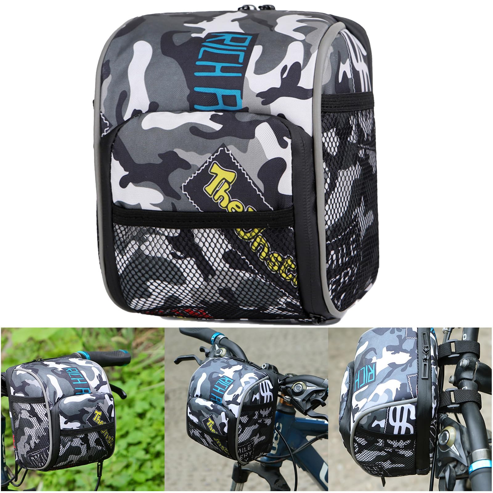 Boxonly Black Camo Bike Handlebar Bag, Water-Resistant Cycling Front Bag, Large Capacity Handlebar Storage for Mountain and Road Bikes, Easy Attachment, 7" x 6" / 19 x 14 cm