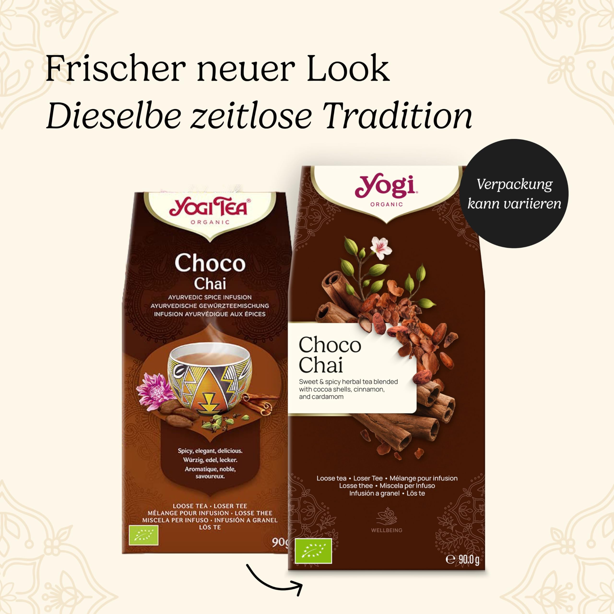 Yogi Tea, Choco Chai, Bio-Gewürz- und Kräutertee, natürlicher Schokoladengeschmack, Mischung aus Kakao, Lakritz und Zimt, losem Tee, 8 Packungen x 90 g