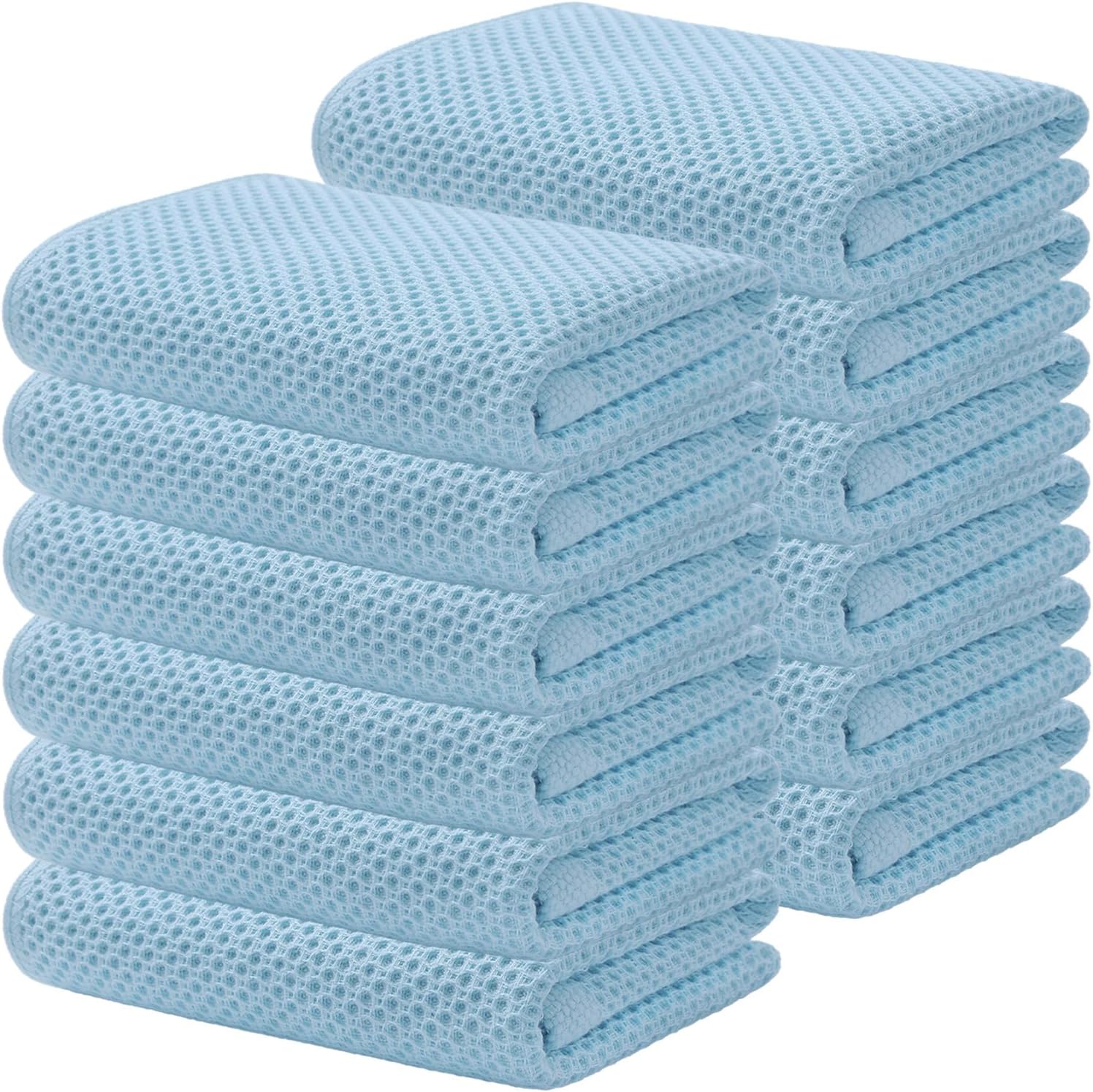 Kitinjoy 100% Cotton Waffle Weave Kitchen Hand Towels (13 X 28 Inches, Sky Blue), 12-Pack Super Soft and Absorbent Dish Towel for Drying Dishes