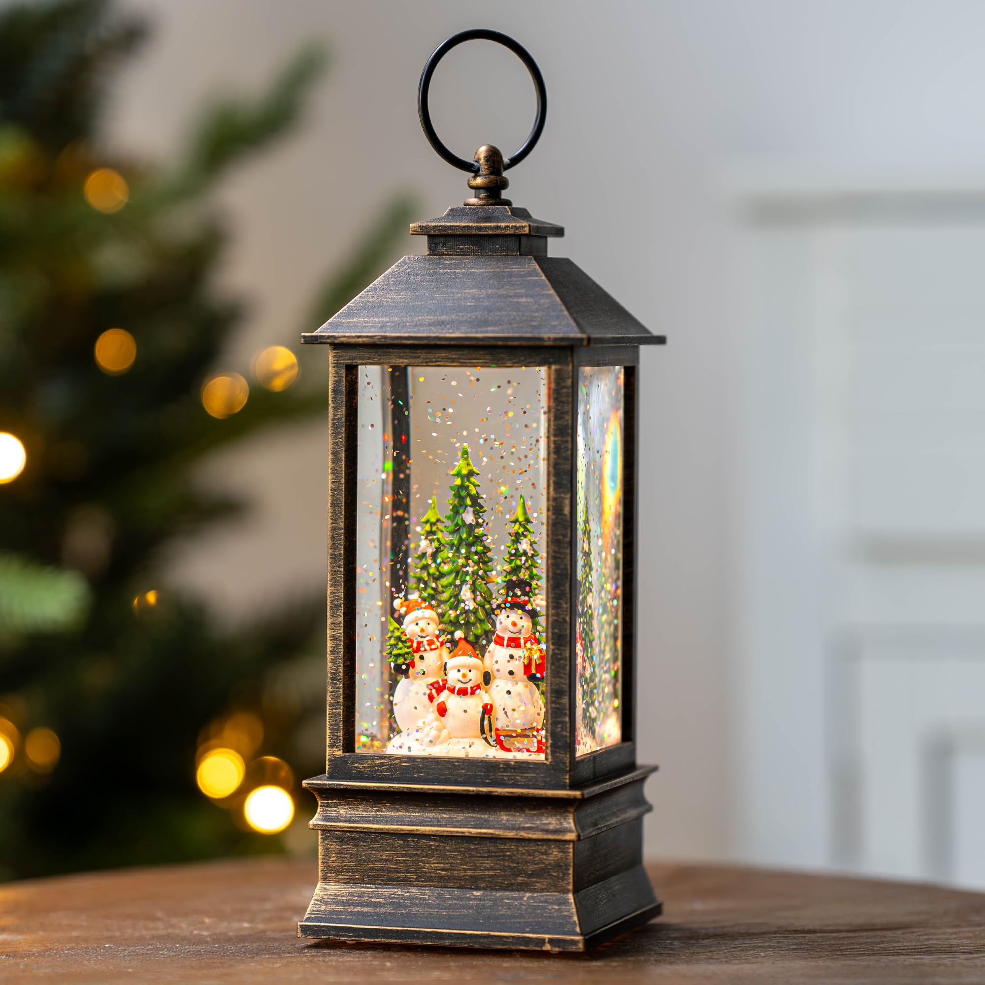 Linterna musical de globo de nieve de 10 pulgadas iluminada con muñeco de nieve familiar, linterna de agua con remolinos brillantes para decoración del hogar y regalo, funciona con pilas o alimentado