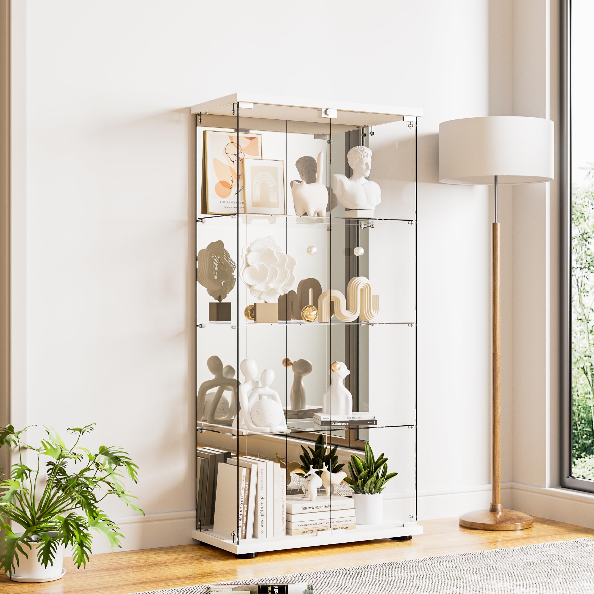 Glass Display Cabinet 4-Shelf with Door, Lock and Mirror,4mm Tempered Glass Floor-to-Ceiling Glass Bookcase for Bedroom, Living Room, White