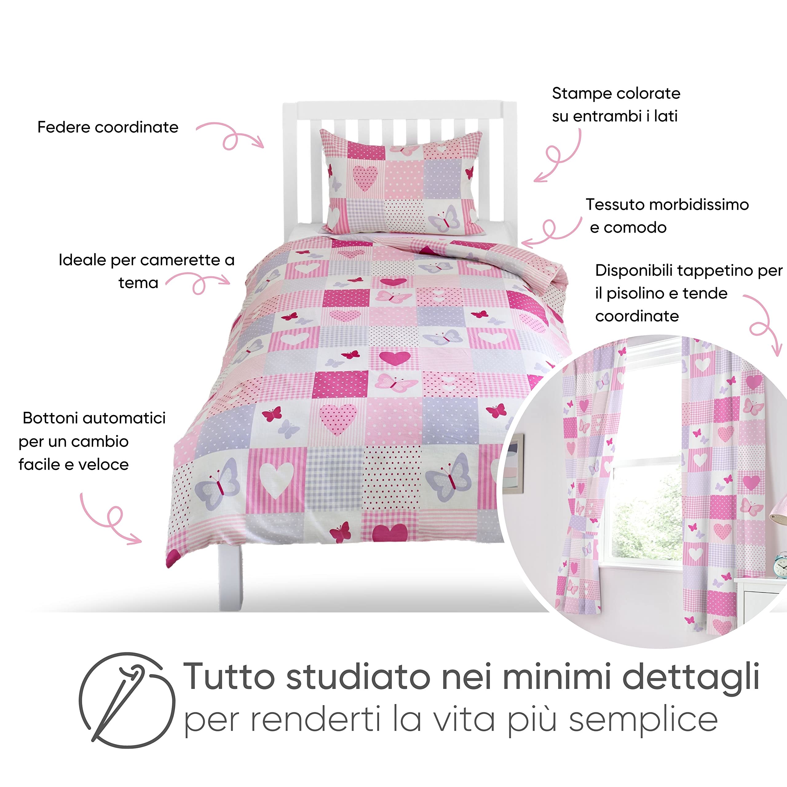 Bloomsbury Mill - Patchwork Con Cuori e Farfalle - Set Di Biancheria Da Letto Per Bambini - Rosa e Lilla - Copripiumino 135 cm x 200 cm e Federa Per Letto Singolo