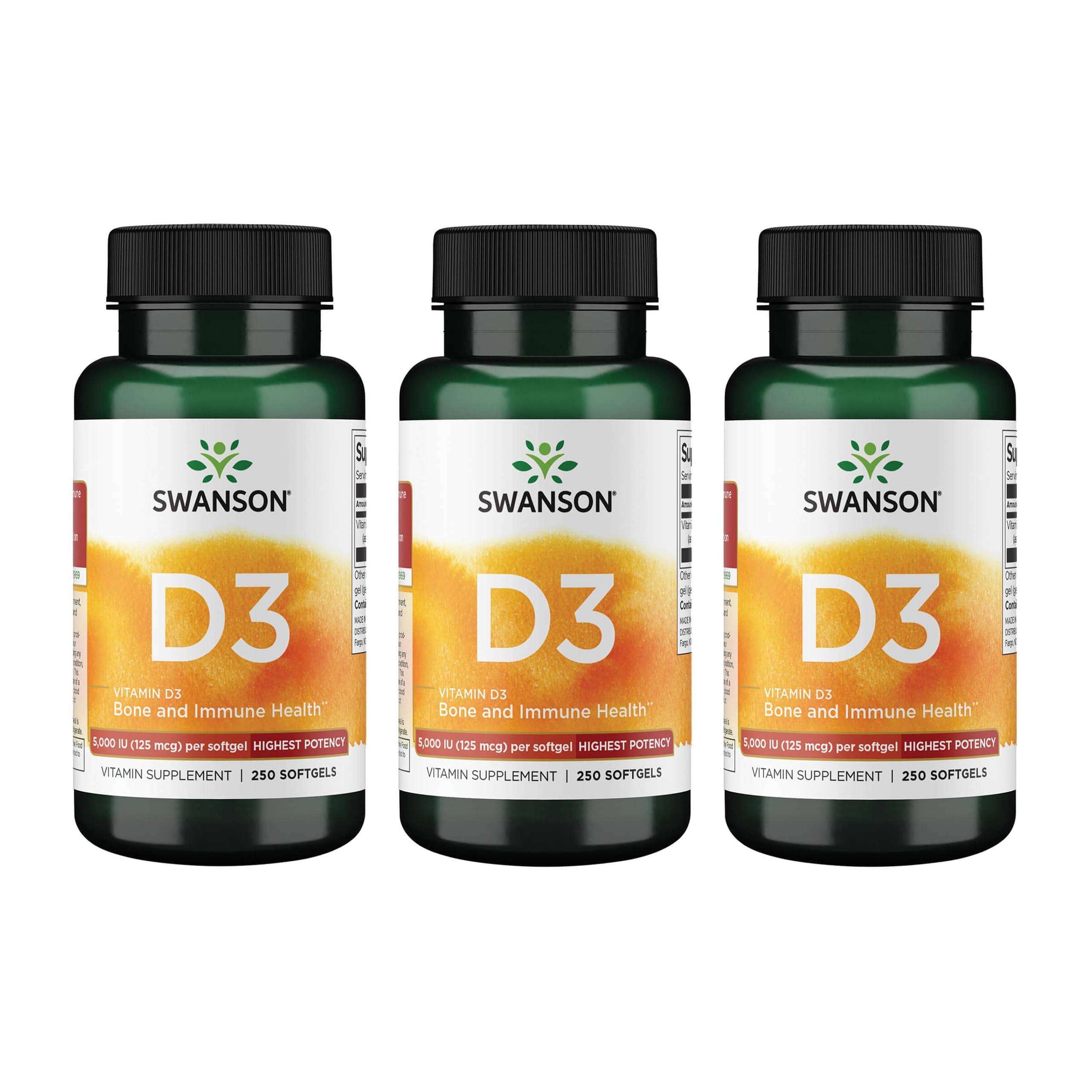 Swanson Vitamin D3 5000 IU Softgels, Cholecalciferol, 125 mcg (250 Count) 250 Count (Pack of 3)