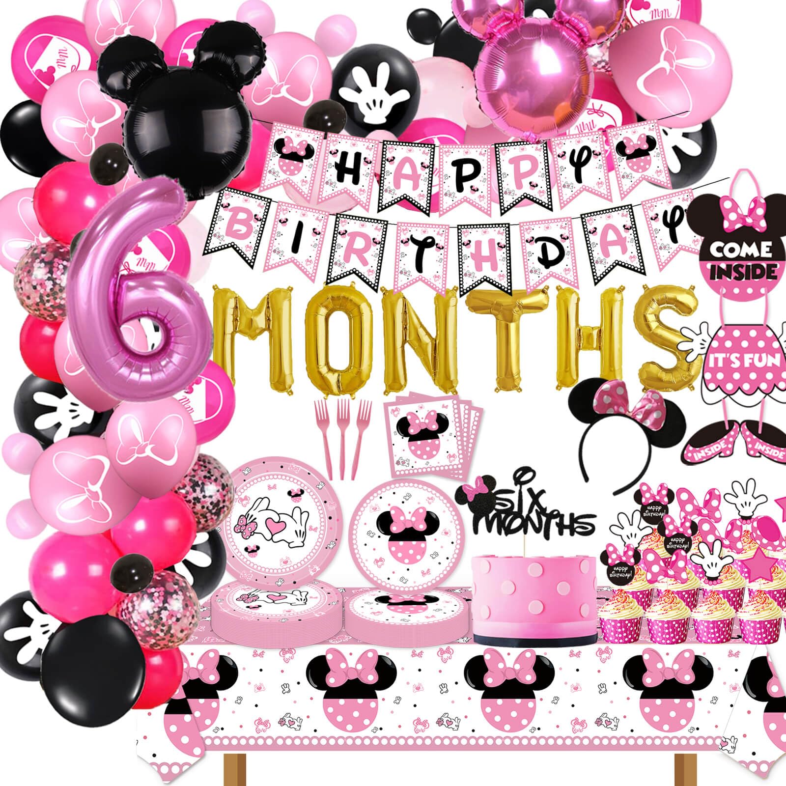 158 Pcs Pink Half Birthday Party Decorations, Girls 6 Months Balloons Arch Garland Kit, Half Way to First Bday TableCloth, Tableware for Girls 1/2