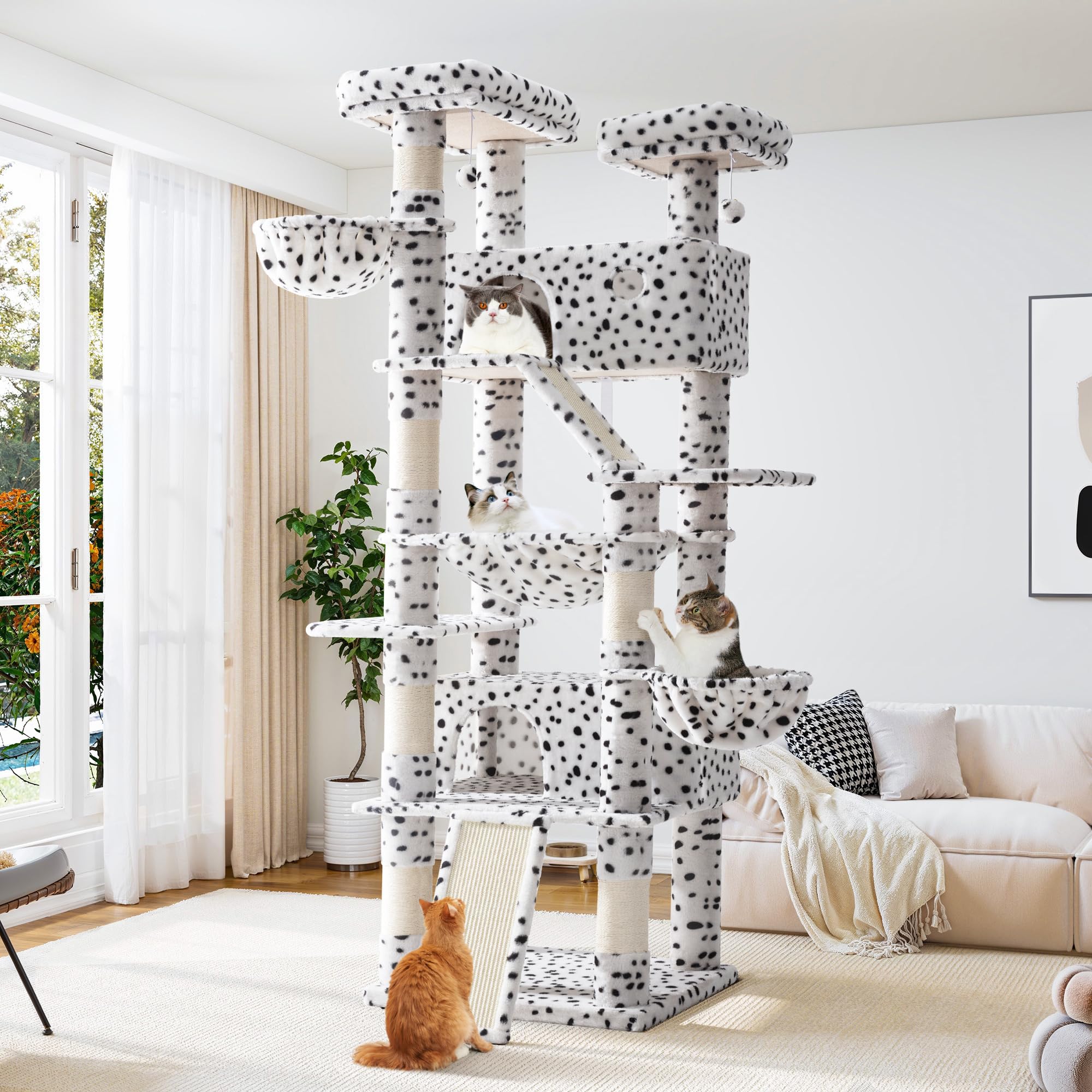 Allewie 81 Inches Tall Cat Tree/Multi-Level Large Climbing Tree House and Towers for Big Feline/Condo and Hammock/Scratching Post/Wide Base/White & Black Spot
