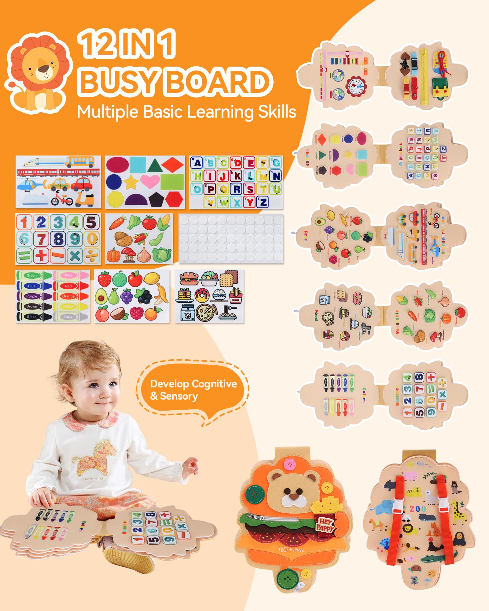 Heypappy Busy Board,12 in 1 Montessori Busy Board Feltro,Montessori Didattici Libro Sensoriale Educativo, Giocattolo per Abilità Motorie con Cintura Zaino Regalo Bambino Compleanno Natale