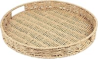 Kultilanda 16-Inch Handwoven Paper Rope Round Ottoman Tray with Handles - Large Wicker Serving Tray for Coffee Table