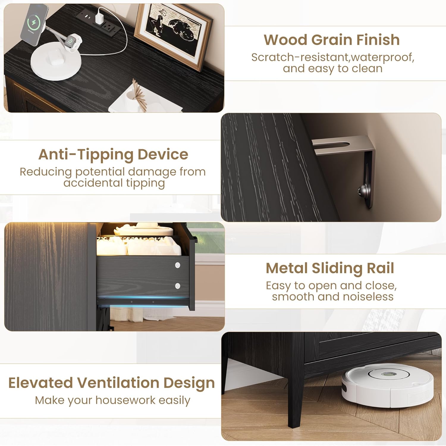 IDEALHOUSE 3 Drawer Dresser with LED Lights & Charging Station, Wide Dresser Nightstand for Bedroom, Modern Wood Chest of Drawers for Closet, Hallway, Entryway, Black