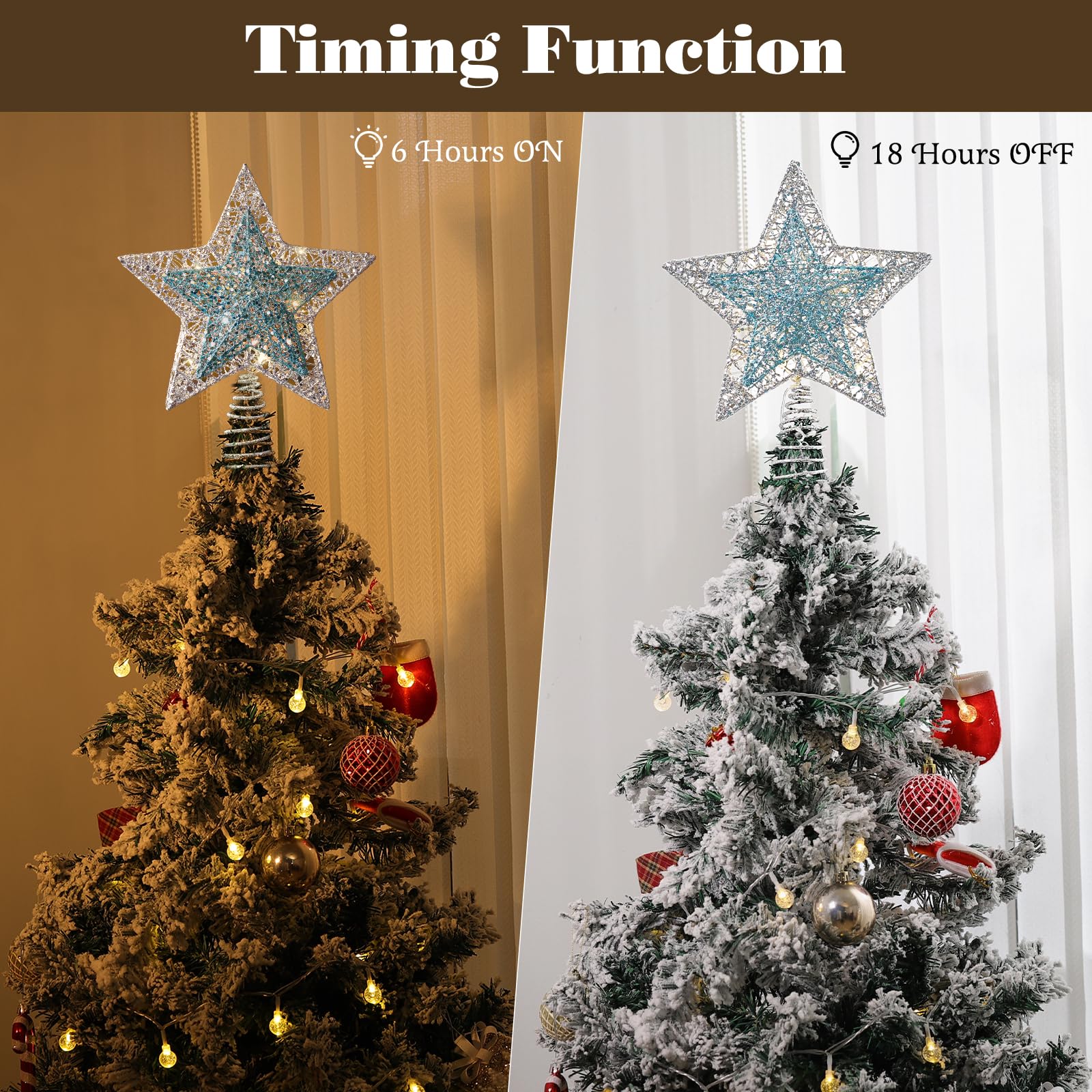 Lewondr Christmas Star Tree Topper, Metal Frame Tree Topper Star with 15 Warm Light Beads - Image 3