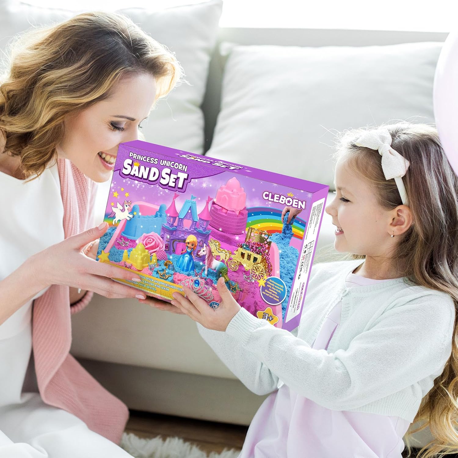 TUZT Princess Unicorn Sensory Bin Sandbox for Girl Kid Toys, 2lbs Color Sensory Sand & 6 Castle Molds & Play Kits, Sand Box Toys for Kids Girls Toddlers 3 4 5 6 7 8 Christmas Birthday Gift