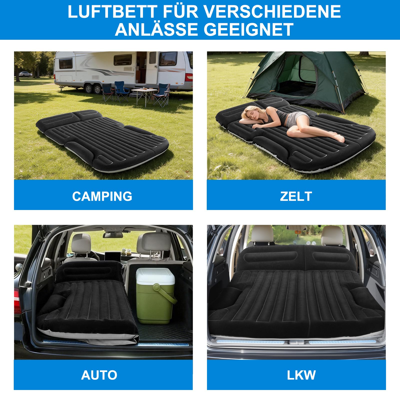 KMZ Auto Luftmatratze für SUV und Auto, Aufblasbares Autobett für Camping, Doppelseitig Beflockte Automatratze für Kofferraum und Rückbank