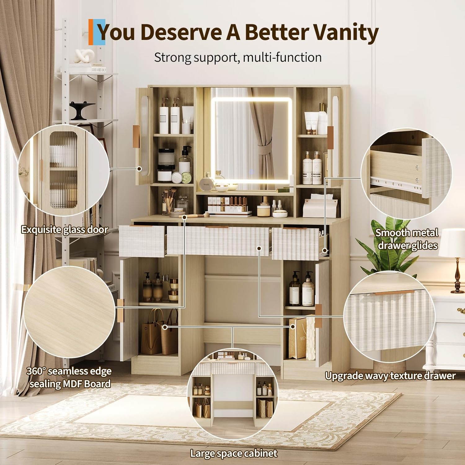 GarveeHome Vanity Desk with Mirror and Light, Makeup Dressing Table with 2 Glass Cabinets, 2 Large Cabinets & 3 Wavy Drawers, Makeup Vanity with Adjustable 3 Lighting Modes for Bedroom, Natural