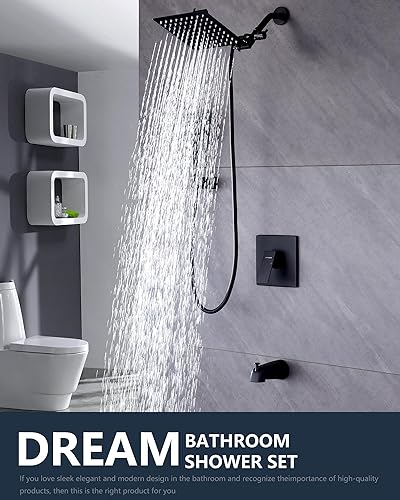 Miniatura 3 de Juego de grifo de ducha doble negro mate con cabezal de ducha de mano y lluvia de 8 pulgadas, brazo de ducha de extensión ajustable, boquilla de