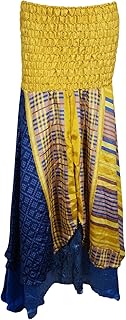 Ladies Swirling Sheering Blue,Yellow Dress Bandeau Strapless Printed Reversibl Vintage Sari Two Layer 2 in 1 Skirts S/M