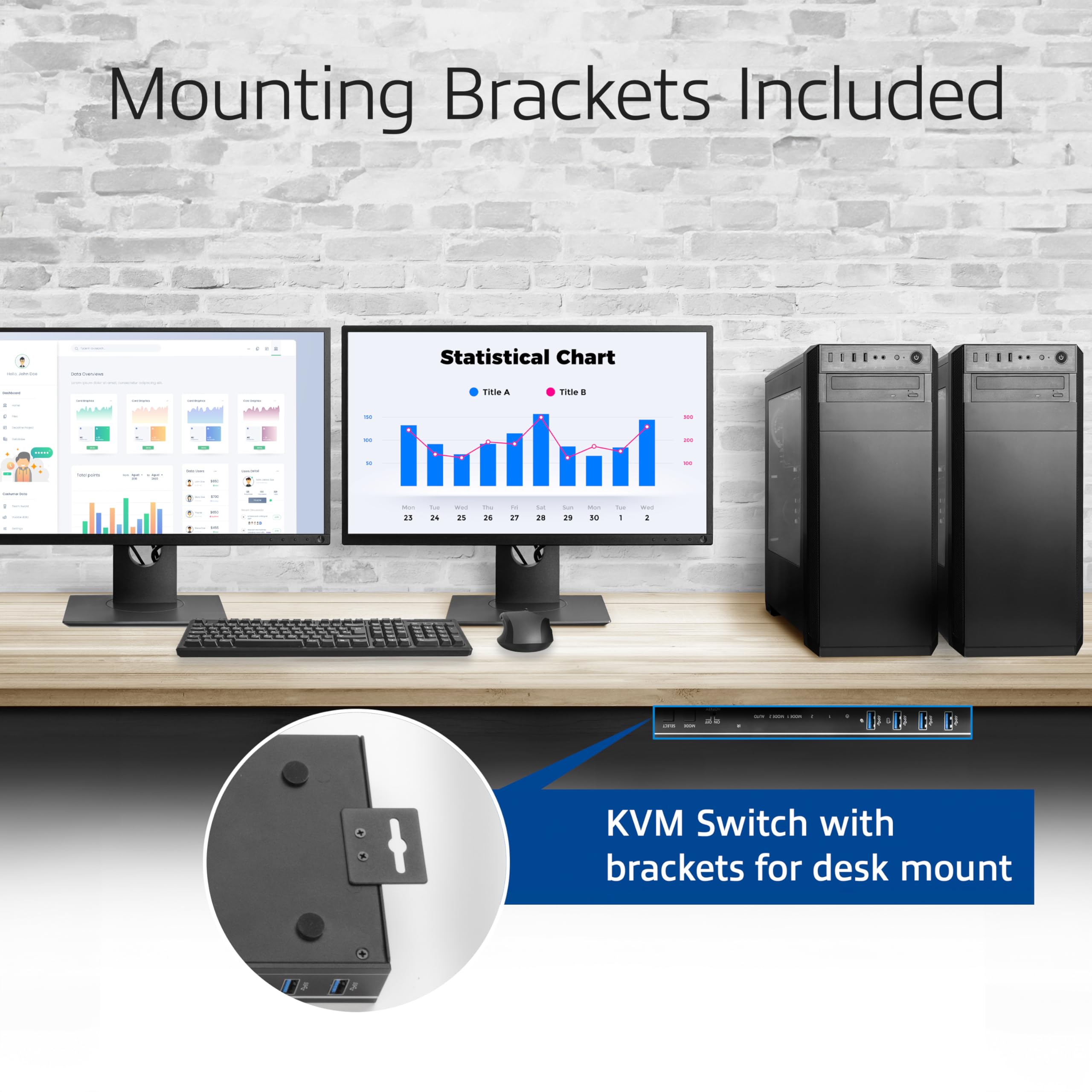 ACT KVM Switch 2 PC 2 Moniteurs, 4K@60Hz, Commutateur HDMI 4 Ports USB 3.0, HDCP 2.3, avec HDMI et Câbles USB, Télécommande, Support de Montage Bureau - AC7914