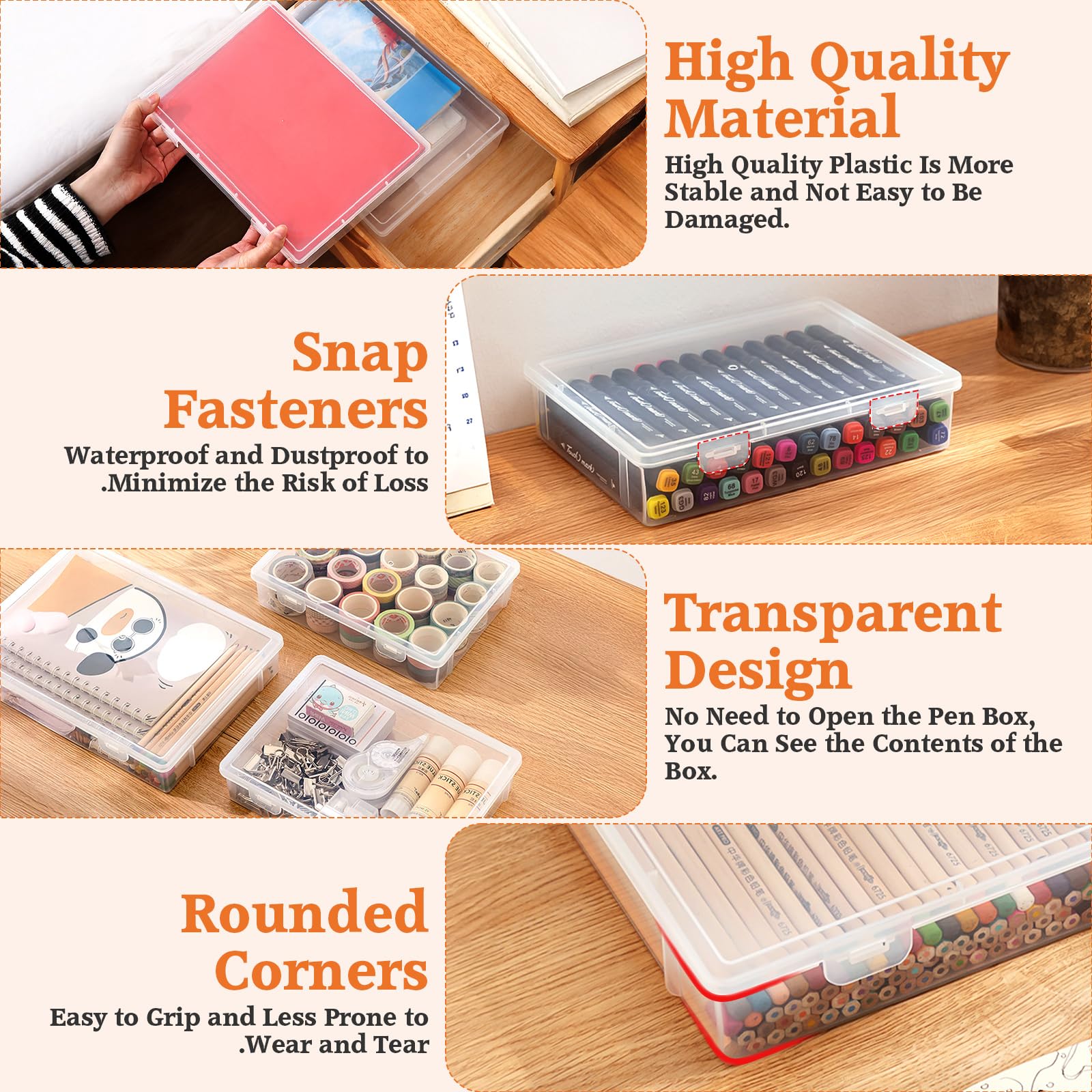 Boîtes de Rangement Pour Les Crayons, Boite Rangement Transparente Pour Crayons Avec Couvercle Imperméable, Empilable, Boite Rangement Plastique Pour Papeterie,Documents,Stylos,Photos (L)
