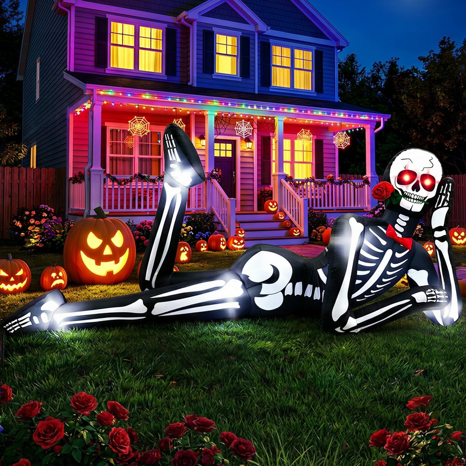 AerWo 12FT Halloween Inflatables, Lounging Inflatable Skeleton Outdoor | Giant Skeleton Inflatable Halloween Decorations, Halloween Blow Ups with Glowing Red Eyes, LED Lights for Yard, Roof, Outdoor