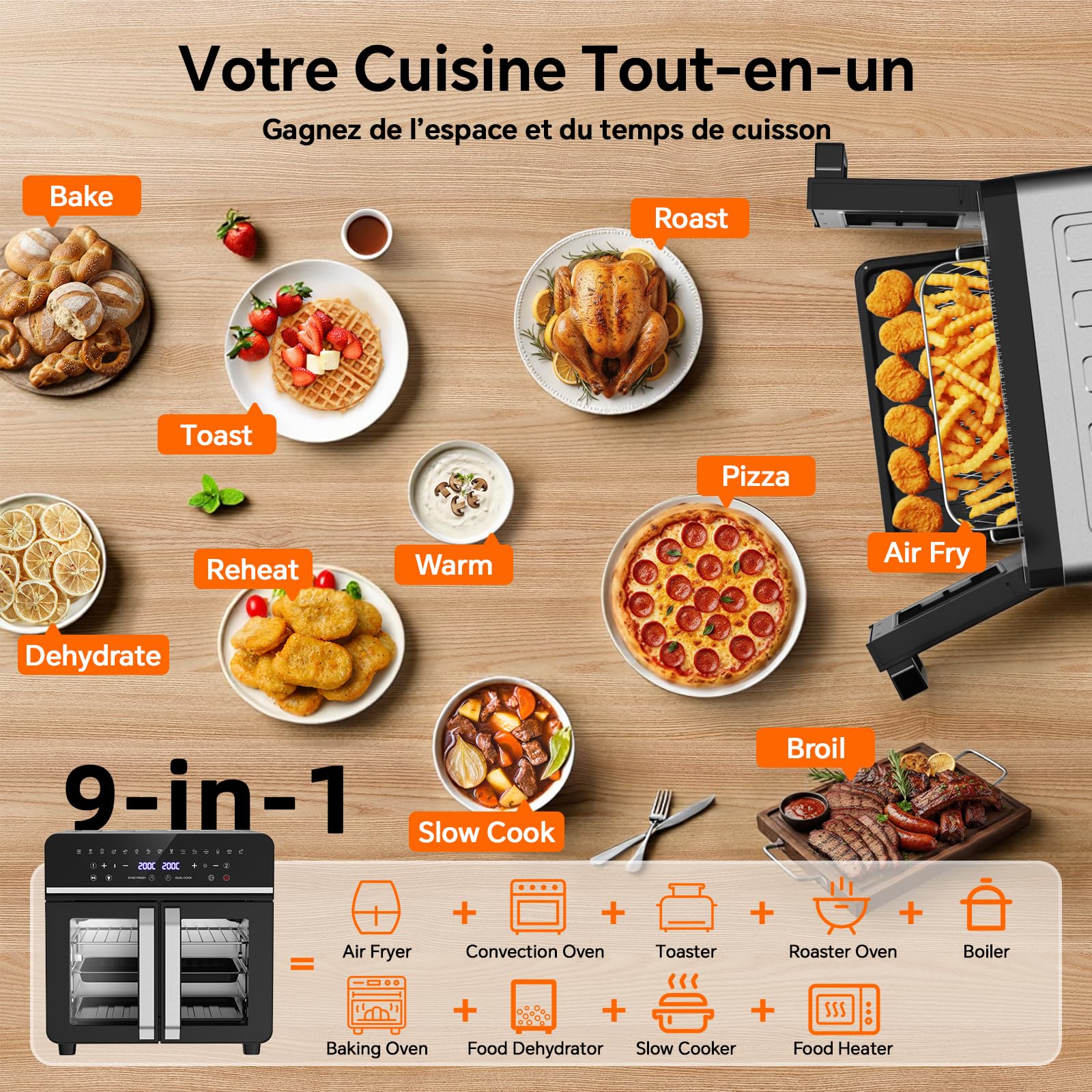 23L Friteuse à Air Chaud Familles, Mini Forno Cuisson Zone 1/2, Temp Sép | Portes Français 15-en-1 Fenêtre de Visualisation Lumière Intégrée, Grande Fritteuse Sans Huile Famille, 200℃/2600W Air Fryer