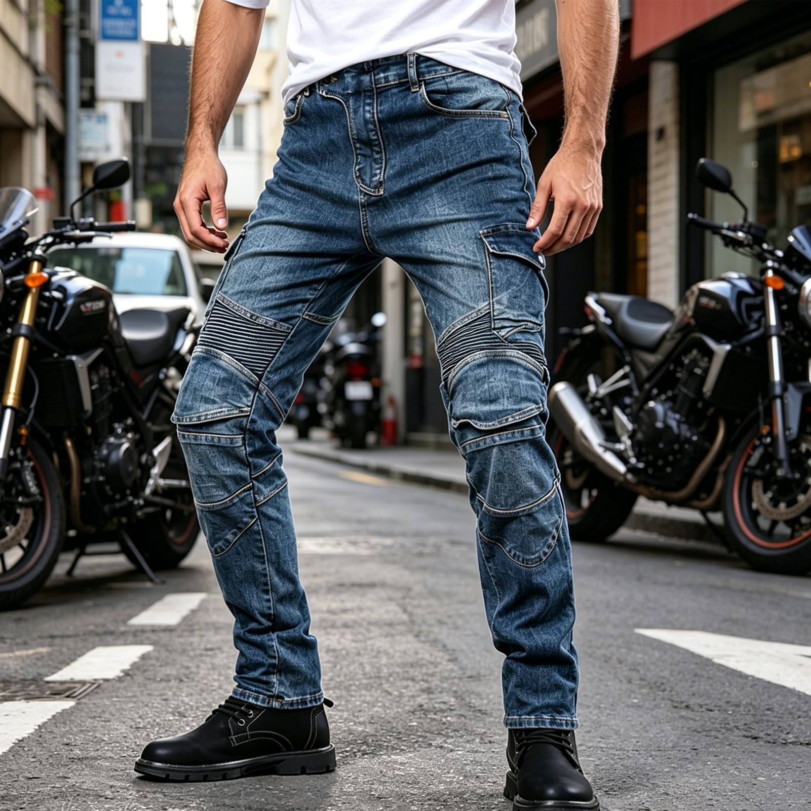 Herren-Motorradjeans, Schützende Motorrad-Reithose, Aus Bequemem Und Atmungsaktivem Stoff Mit Sicherheitsschutzvorrichtung