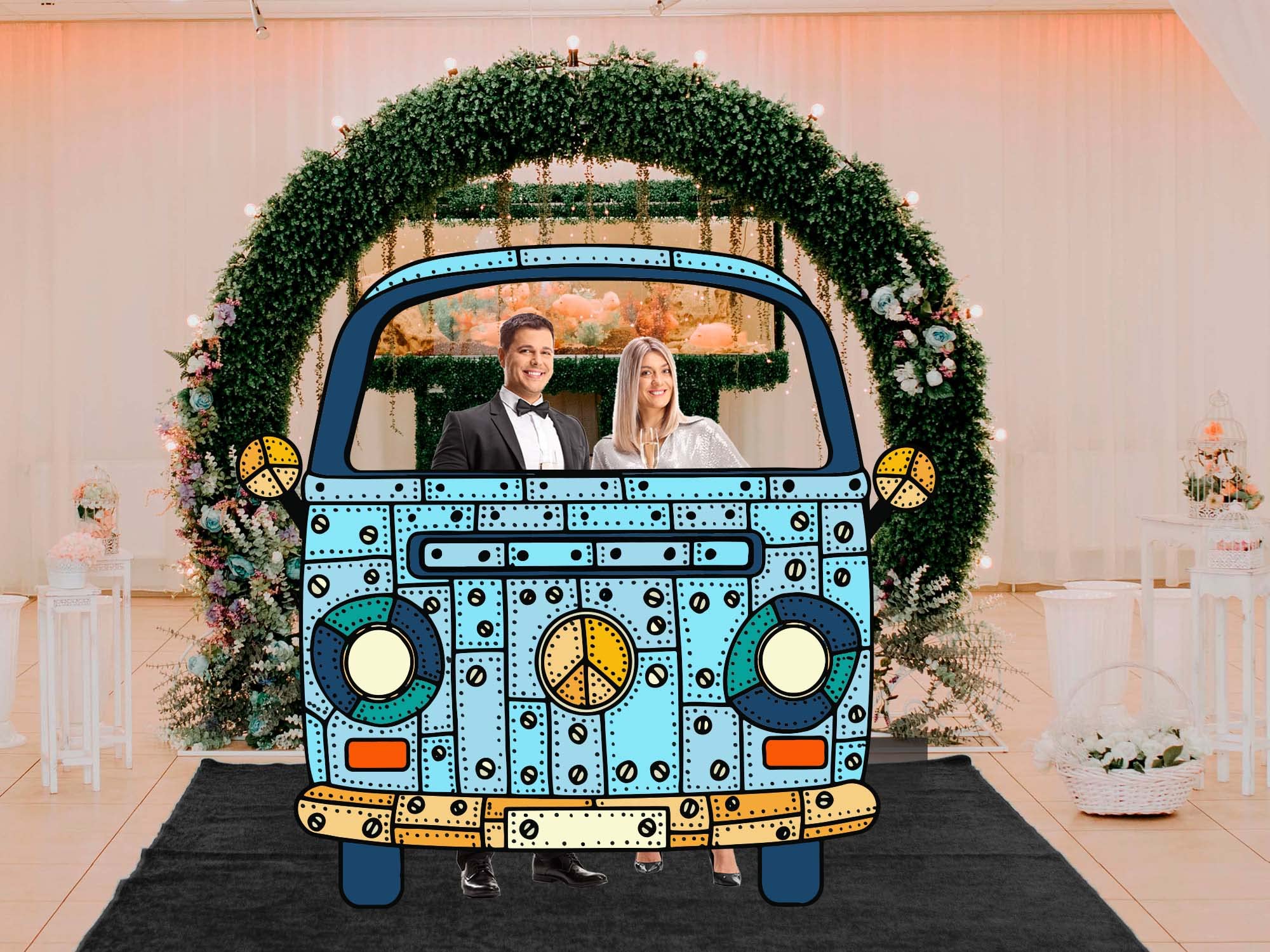 Photocall para Bodas en Cartón Furgoneta Hippie 165X156cm | Furgoneta Hippie | Económico y Original | Troquelado