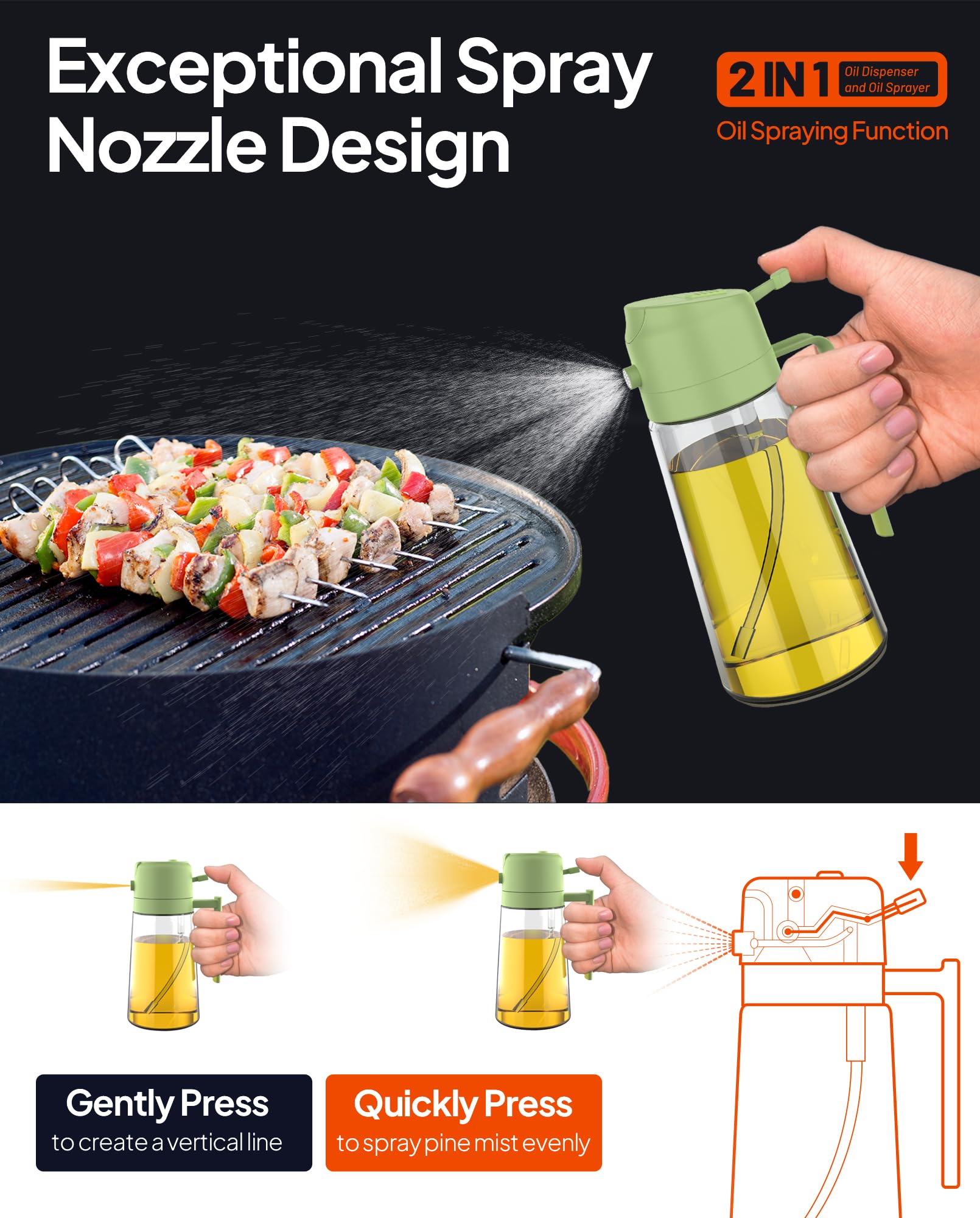 DIYGrnd 16oz 2-in-1 Oil Dispenser and Sprayer Set of 2 – Olive Oil Dispenser Bottle for Kitchen, Cooking, and Grilling – Oil Spray and Pour Bottle, Ideal Olive Oil Spray Bottle for Kitchen Gadgets