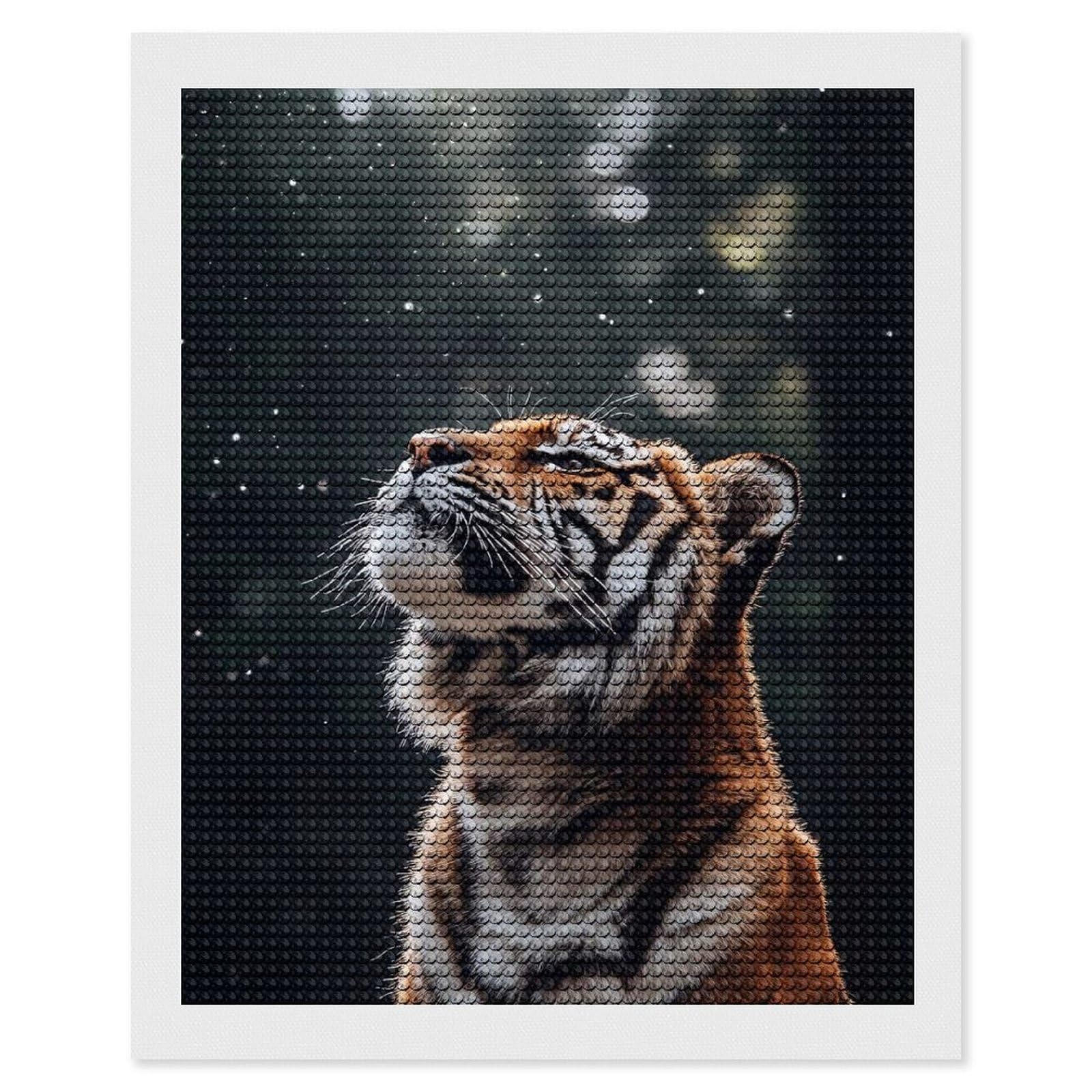 Junmoney Tiger Gazing Upward with Bokeh Lights Diamond Painting Kit 16"x20", Festive Craft Gift, Bedroom Decor, Full Kit Included, Creative Gift Idea