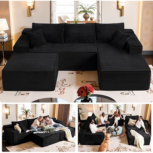 Black Sectional Couch with Ottoman, 108" Cloud Modular Couch for Living Room, Modern U-Shaped Sofa, No Assembly Required - Plush Corduroy Fabric & Deep Seat Comfort (Left Facing Chaise)