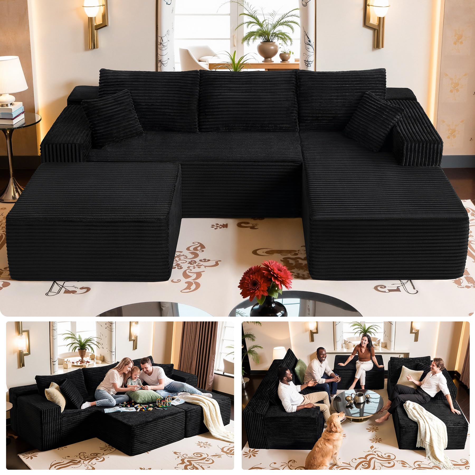 108 Black Modular Sectional Sofa with Ottoman