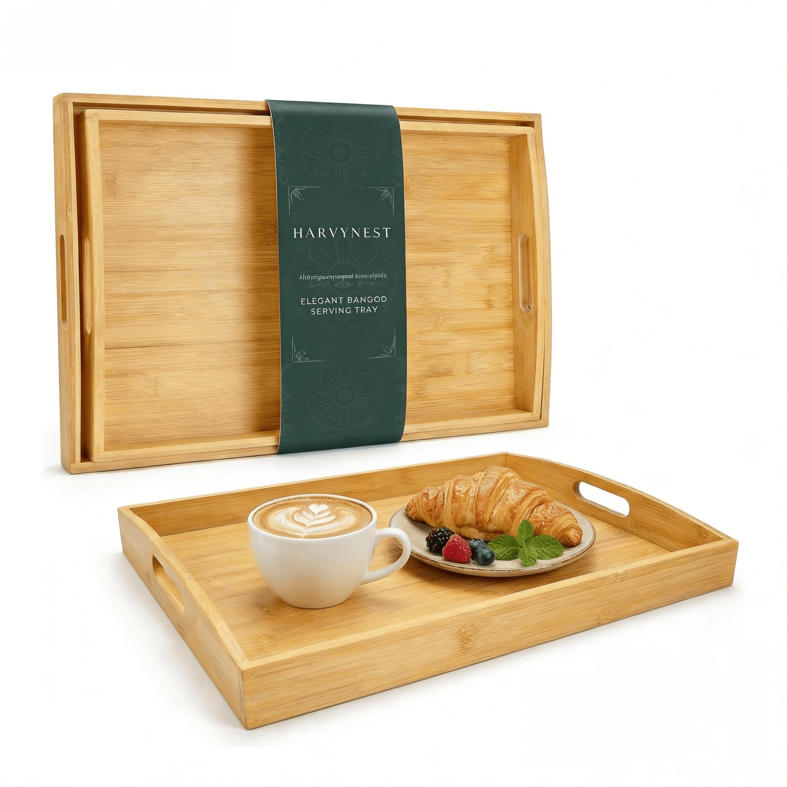Photo 1 of Bamboo Serving Tray Set of 2 with Handles, Nesting Wooden Serving Trays for Food & Drinks, Coffee Table Ottoman Tray for Living Room Decor, Large 16.9" x 12.7" x 1.5" & Small 15.6" x 11.7" x 1.5"