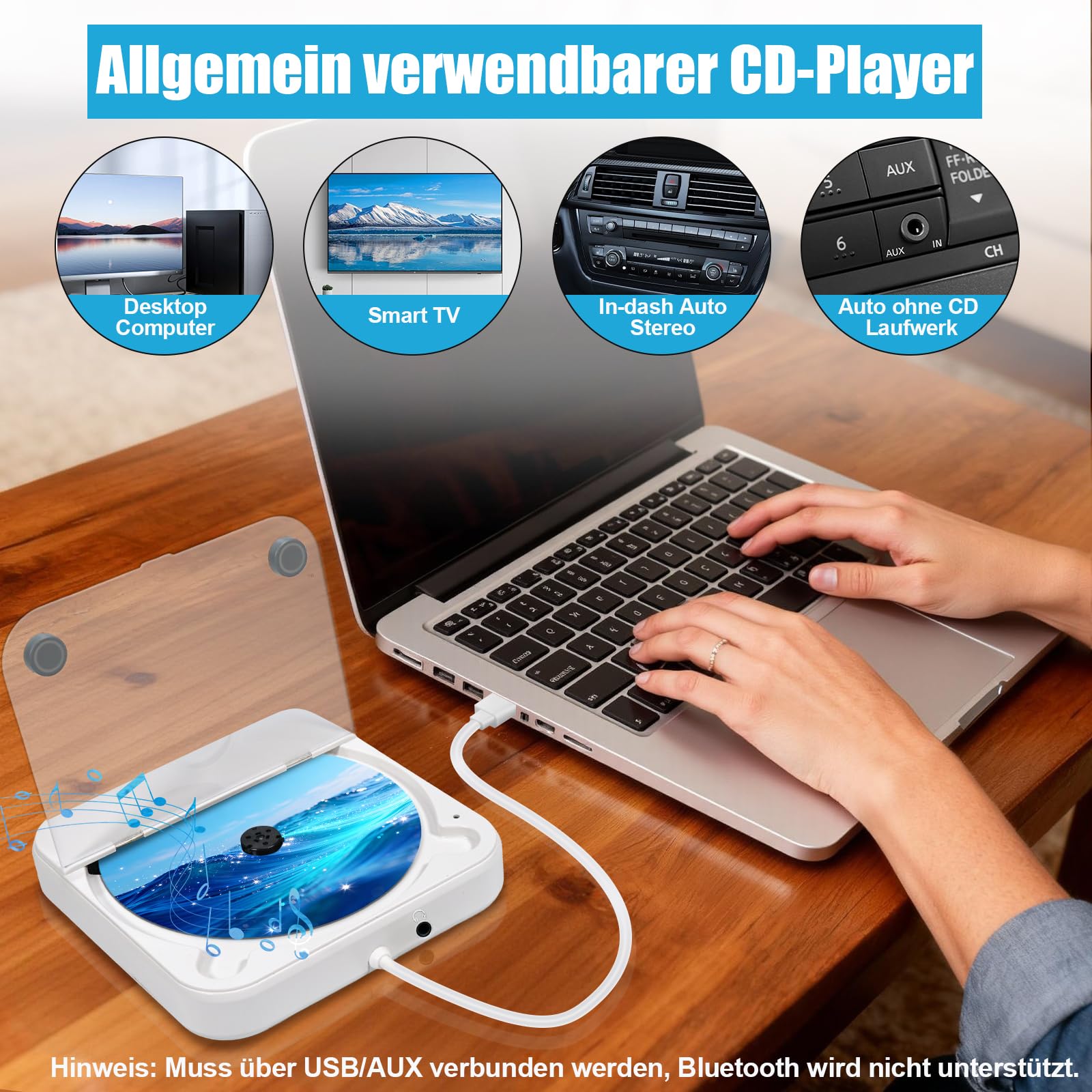 CD Player für Auto,Extern Universal Auto CD Player mit USB-Anschluss, AUX-Anschluss, Extra Controller, Kompatibel mit Laptop, PC, Fernseher, CD Laufwerk kompatibel mit Android Autoradio (Weiß)
