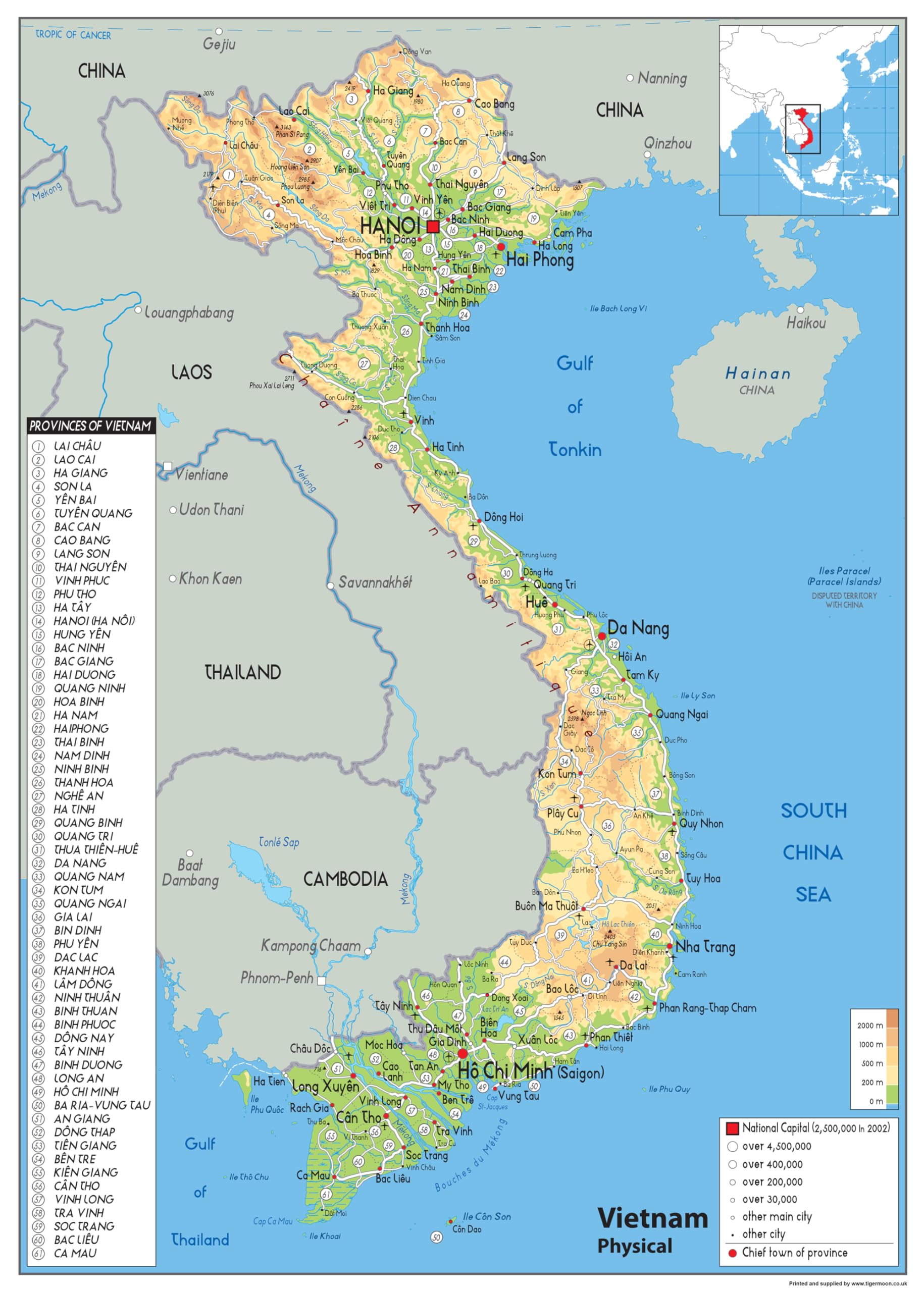 Physical Map of Vietnam - Size A2-42 x 59.4 cm - Paper Laminated